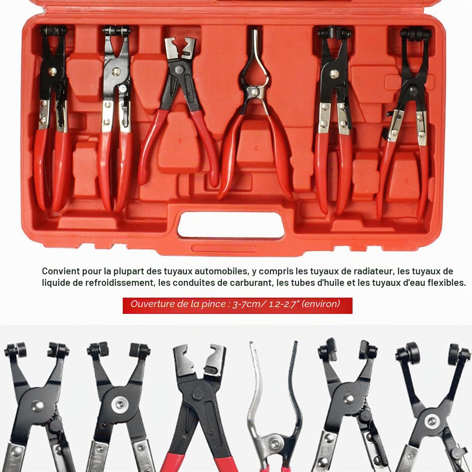 FreeTec 15 pièces Kit Pince a Collier de Durite, 9 Pince Collier à Ressort et 6 Pinces Blocage Tuyau, Pinces Verrouillable pour Démonter Colliers de Serrage Auto (Rouge)