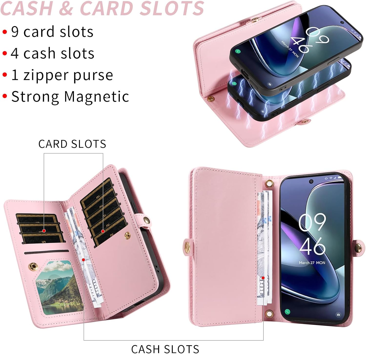 Asuwish Phone Case for TCL 50 XL 5G Zipper Wallet Detachable Magnetic Cell Cover with Tempered Glass Screen Protector Crossbody Strap Bling Flip Credit Card Holder TCL50XL 50XL T702W Women Girls Pink