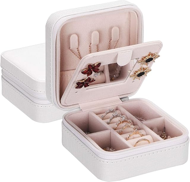 ANWBROAD Mini Travel Jewellery Box Organizer Jewelry Box Display Storage Case Small with Mirror Portable for Rings Earrings Necklace Bracelets Earrings Rings Gift for Girls Women Faux Leather