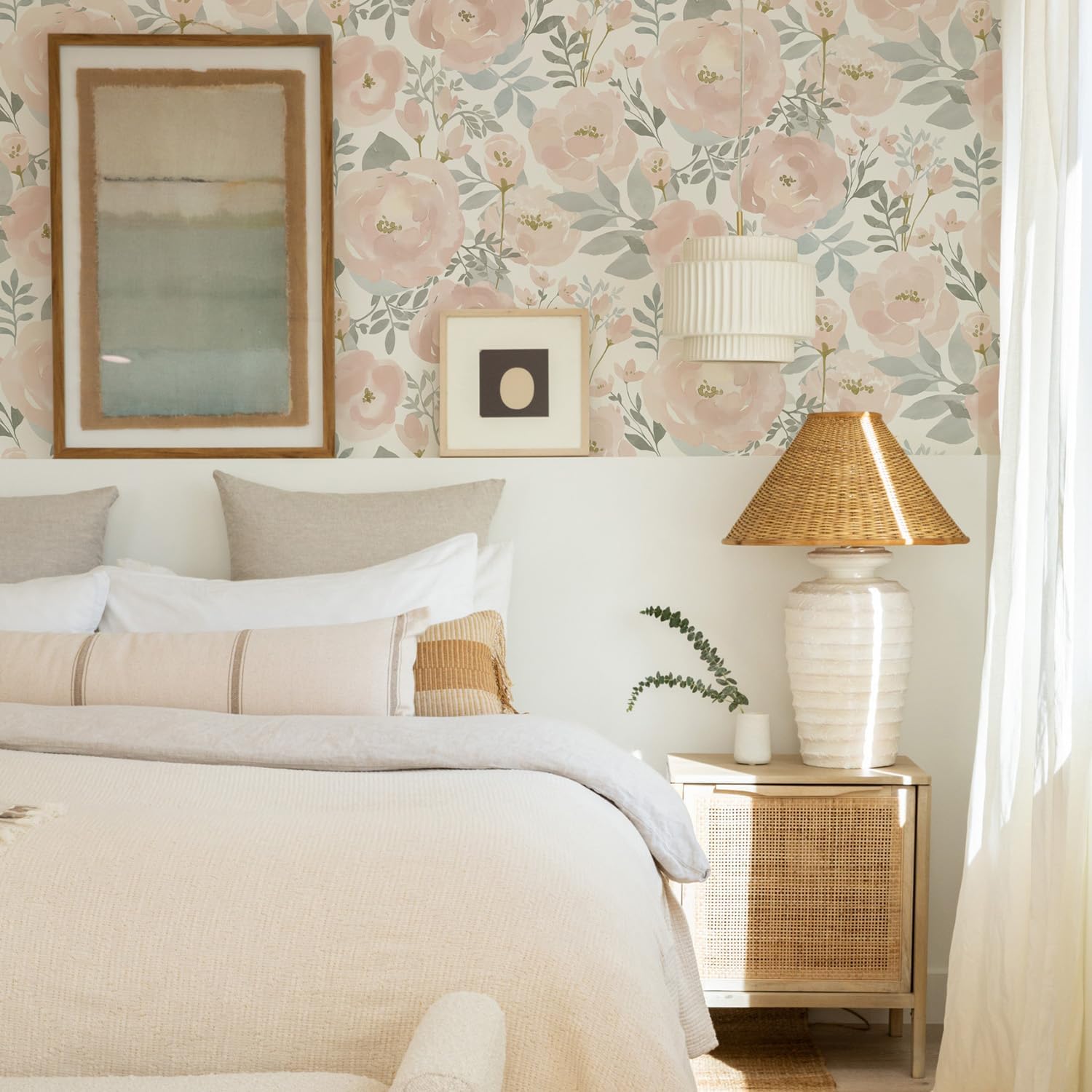 Orainege Peel and Stick Wallpaper Floral Wallpaper 17.3in x393.7in Floral Contact Paper Peony Self Adhesive Removable Wall Paper for Cabinets Walls Shelf Liner, Light Pink