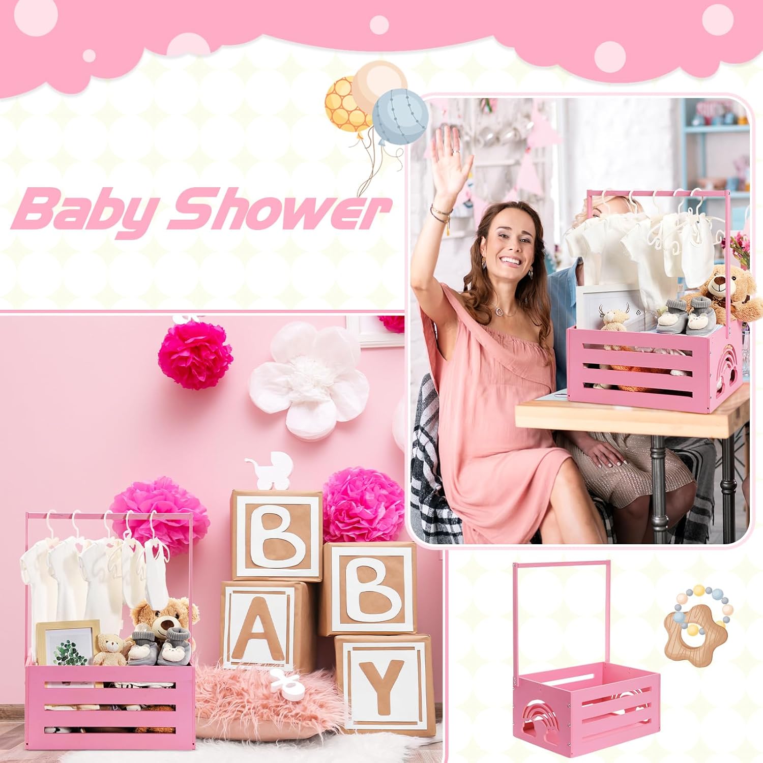 Yerliker Wooden Baby Shower Crate Closet Baby Shower Gifts Basket Storage Crate Hamper with Handle Personalized Basket for Newborn Boys Girls Pregnancy Gifts(Pink,Cloudy, Rainbow)
