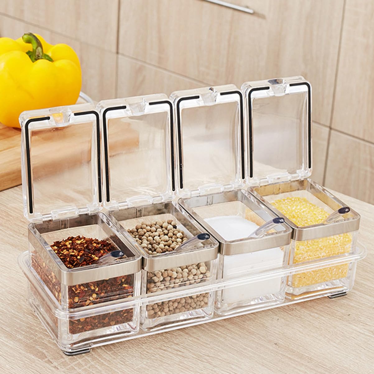 Acryl Gewürzbox Satz Transparente Gewürzbehälter Mit Deckel Und Ablage Für Küchenorganisation Zur Aufbewahrung Von Salz Zucker Pfeffer Und Gewürzen