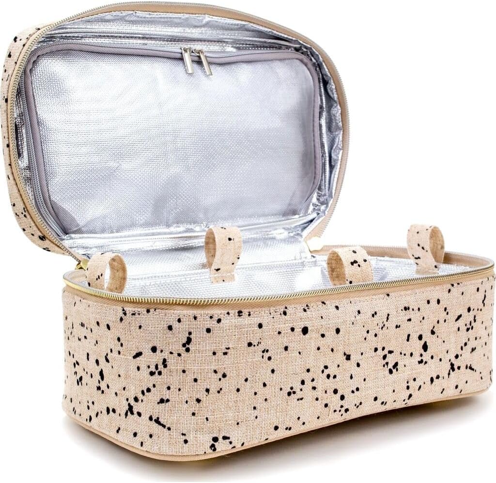 SoYoung Beauty Poche - Cosmetic Bag & Makeup Organizer for Travel, Three-Tiered, Linen/Cotton Exterior, Removable Tray, Machine Washable - Ink Splatter