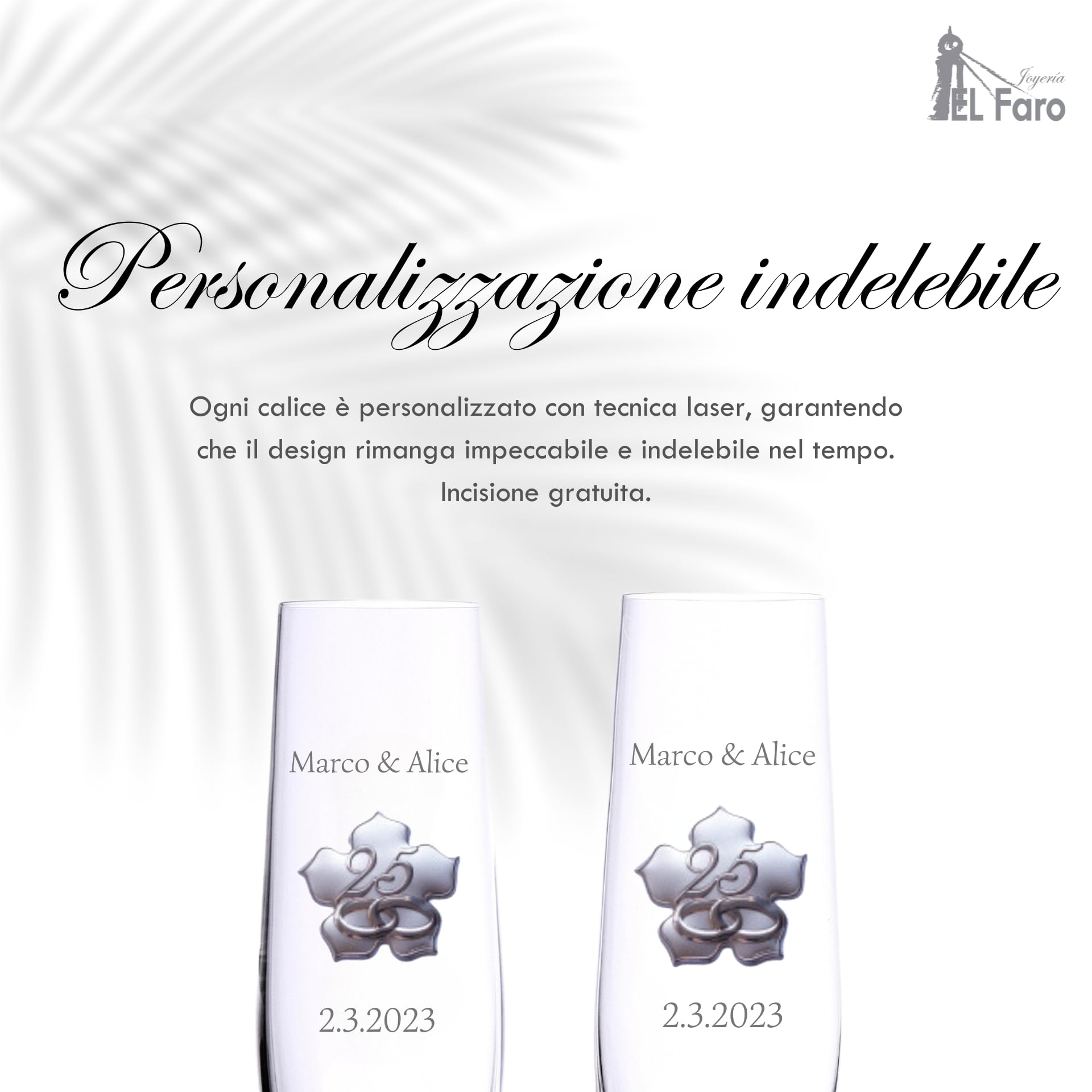 JOYERIA EL FARO Bicchieri da champagne personalizzati per matrimonio in argento – Set di 2 bicchieri con dettaglio argento – astuccio premium per gioielli – regalo 25° anniversario di sposato