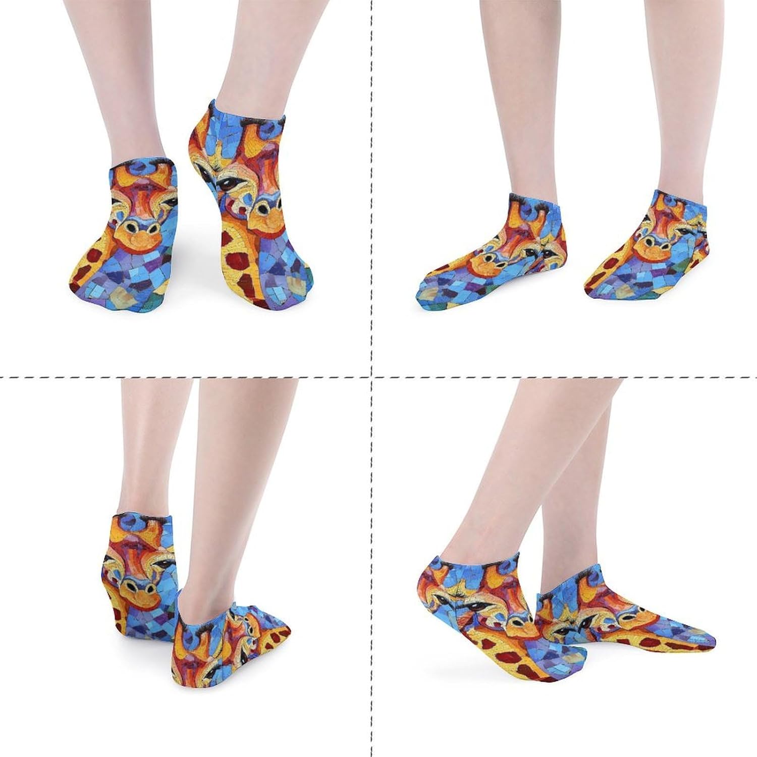 Stained Glass Giraffe No Show Ankle Socks Low Cut Non Slip Flat Boat Line 5 Pairs Set
