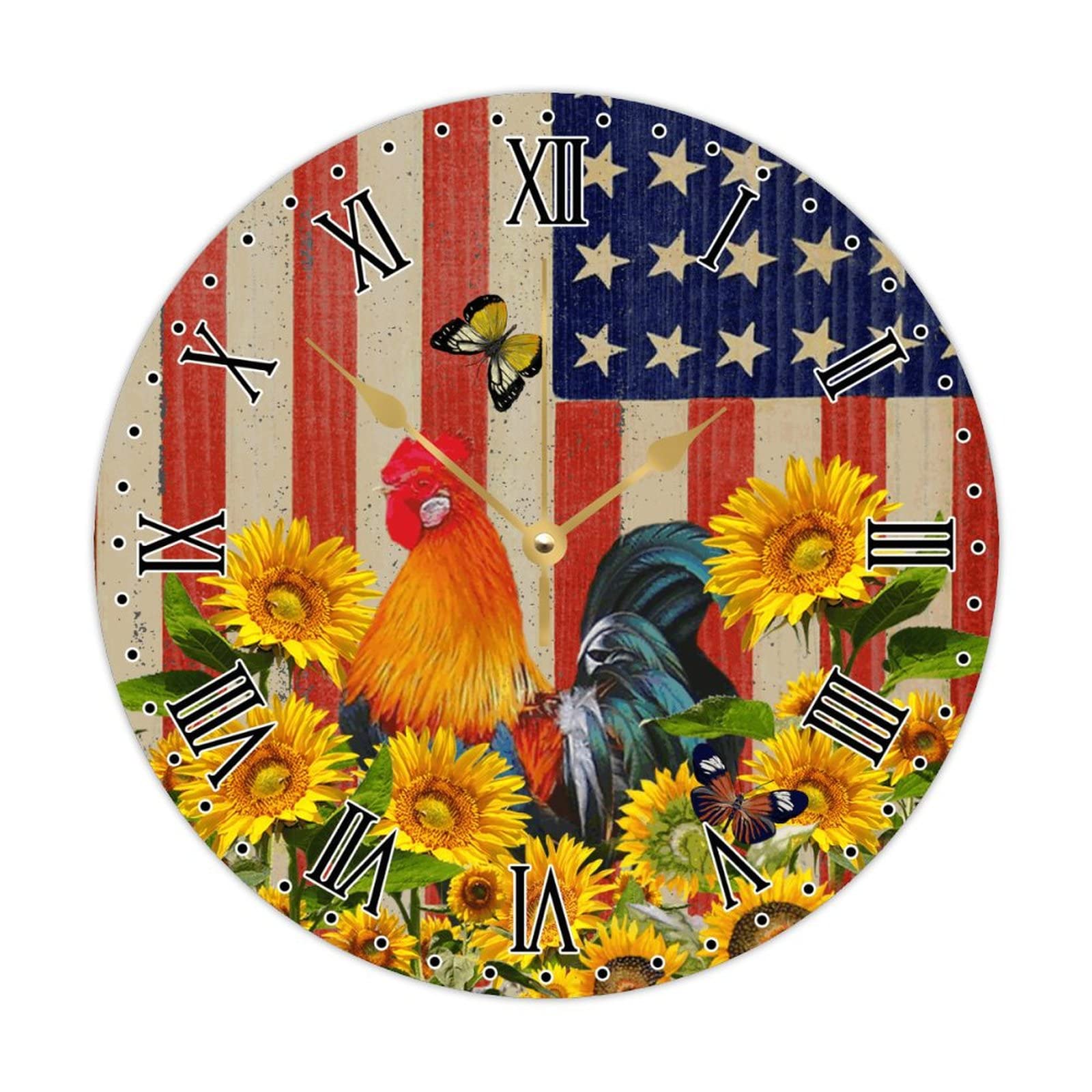 Cadeau rétro idéal : horloge murale bois coq et tournesol 38cm