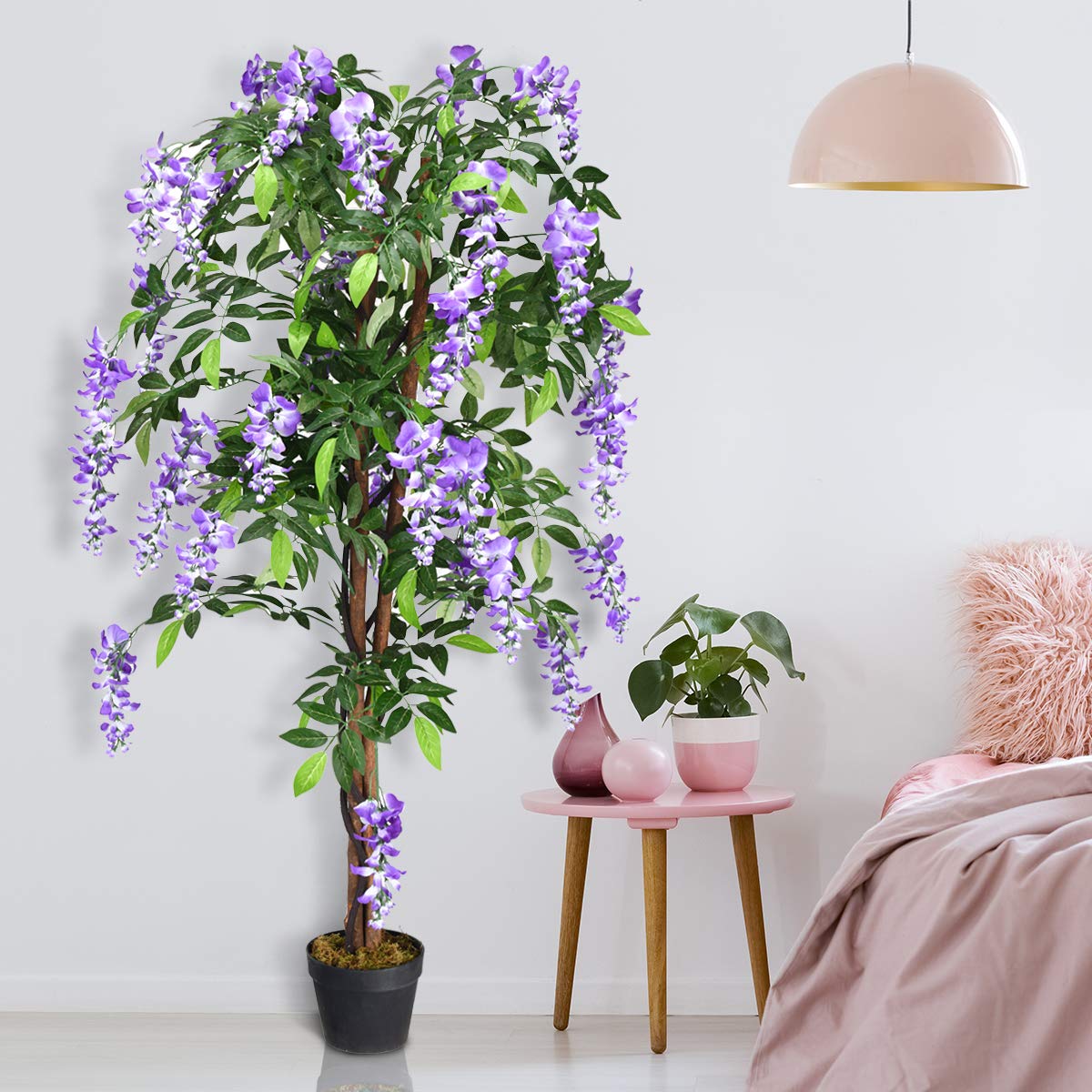 GOPLUS Planta Artificial Ficus Benjamin/Wisteria árbol/Phoenix Palm, árbol Artificial con Flores de 150 cm de Alto, Plantas Artificiales en Maceta, Plantas de Interior Artificiales harina de plástico
