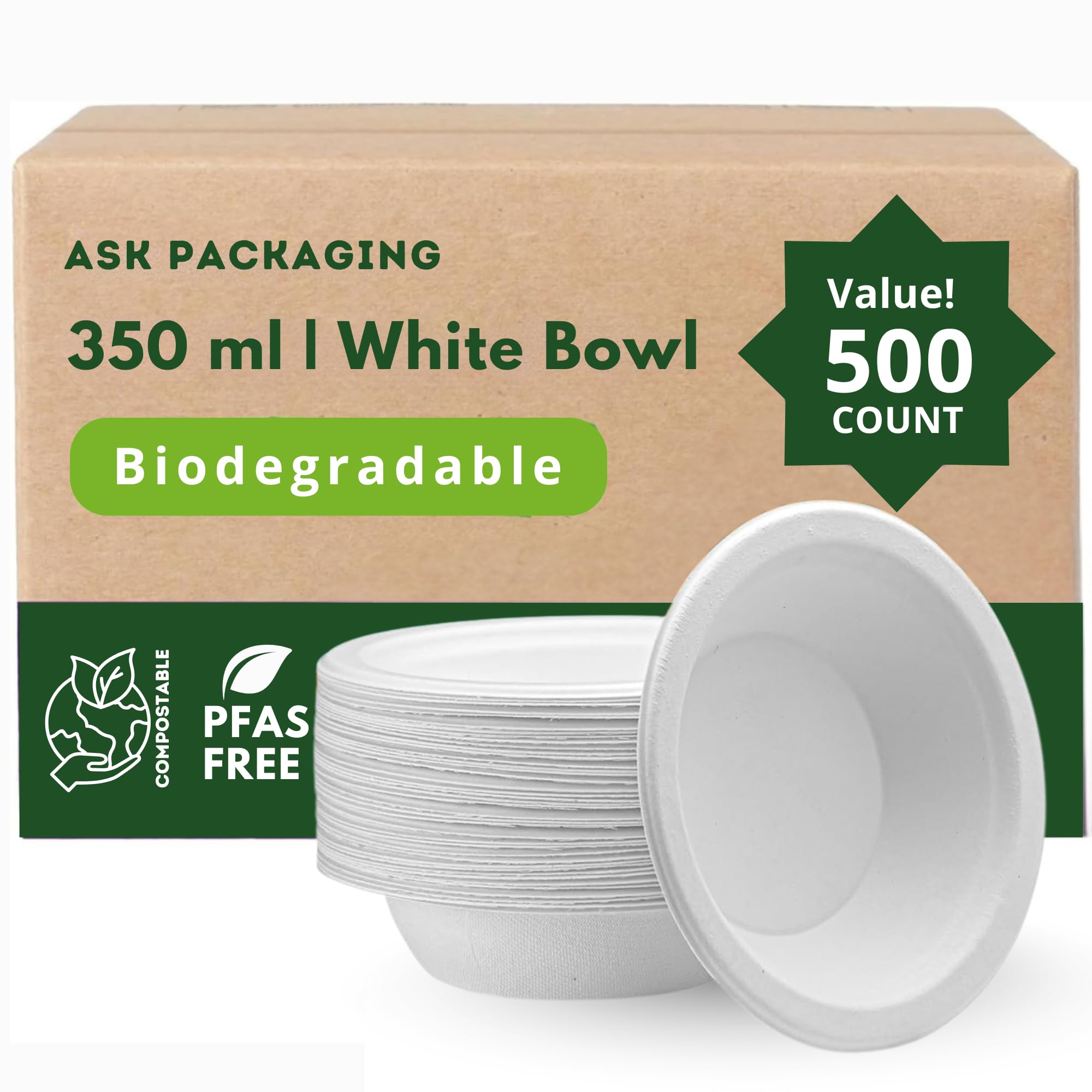 Strong Paper Bowls (350ml / 500 Pack) Disposable Compostable White Bagasse Bowls for Party – Biodegradable Eco-Friendly Microwavable Soup Bowl for Dessert Milk Salad Cereals - Christmas, Weddings
