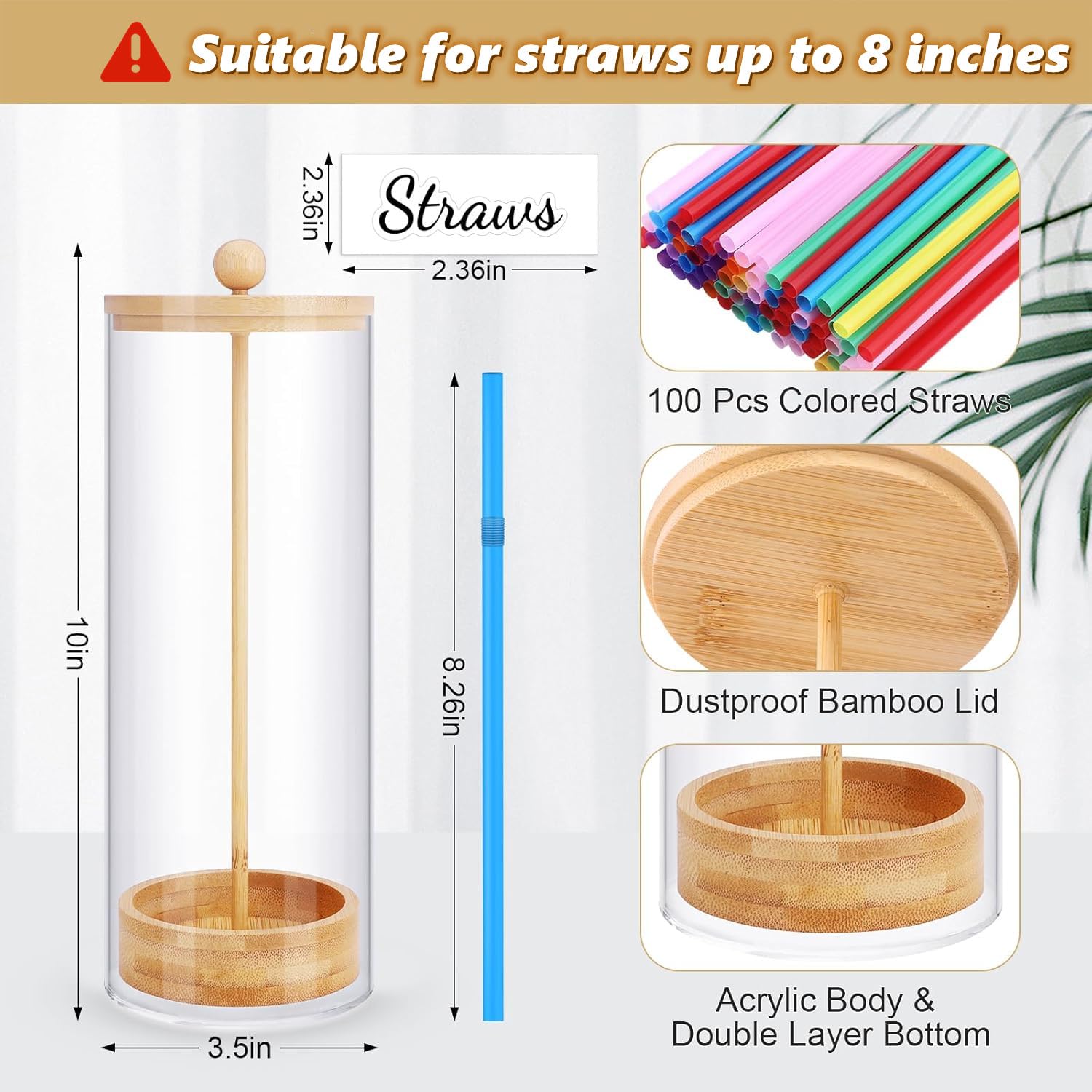 JYPS 10-Inch Acrylic Straw Dispenser with Bamboo Lid stickers, with 100 Colorful Straws, Transparent Counter Container Countertop Organizer for Kitchen, Office,Cabinet Storage, Holds Pencils, Cutlery