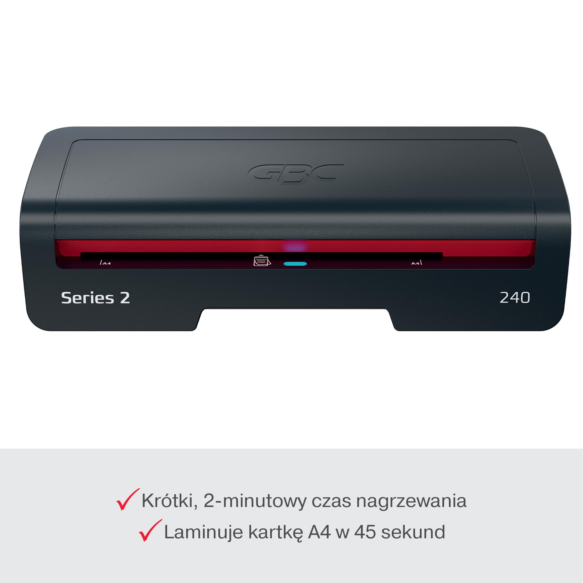 GBC 240 Home Office Laminator A4 – Szybkie nagrzewanie w 2 minuty, 75–125 mikronów, funkcja przeciw zacięciom, auto wyłączanie, zawiera 5x folii A4, czarno-czerwony, 4410068EU