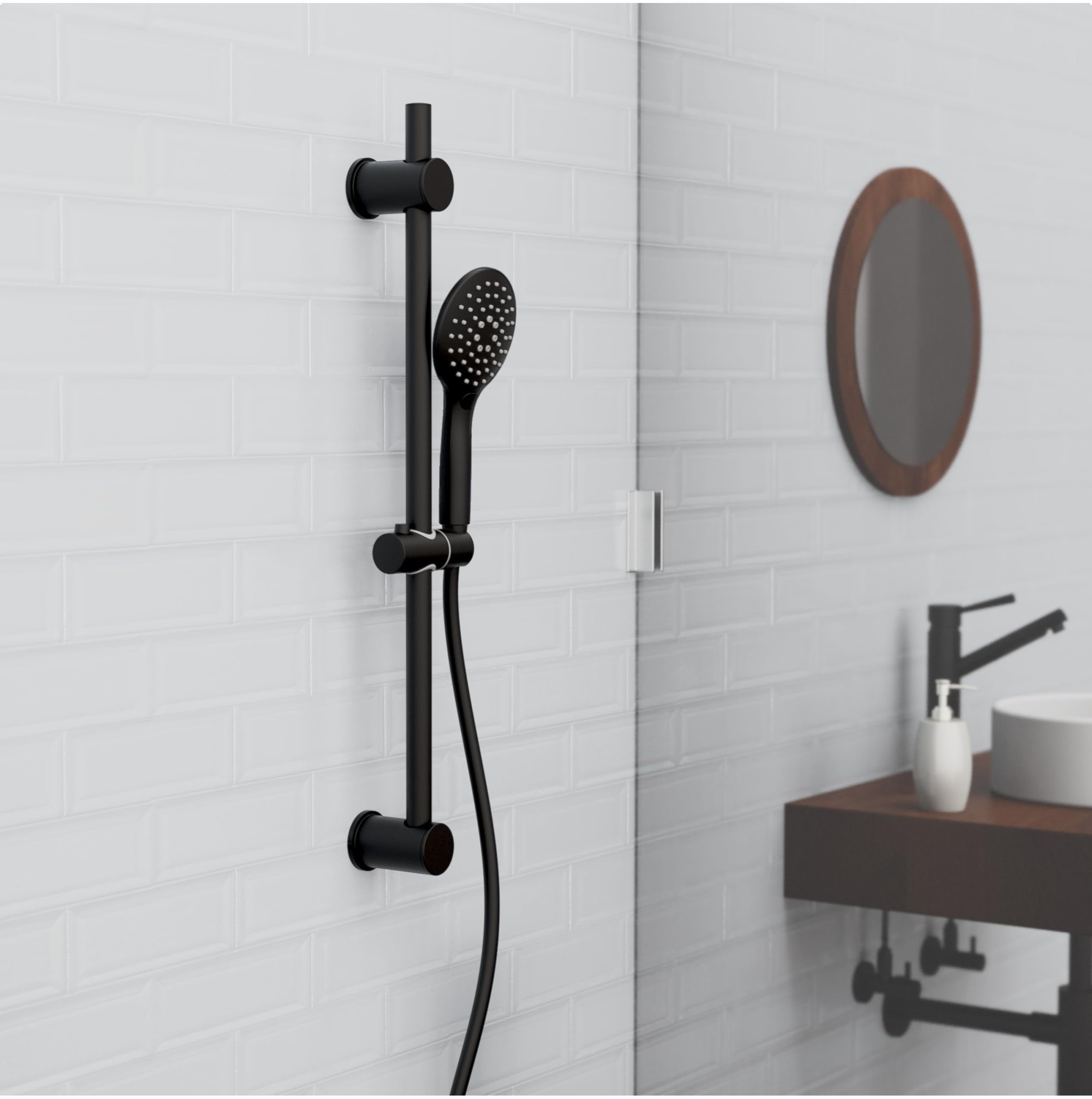 SCHÜTTE RAVEN Barre de Douche et Douchette à Main, Pommeau Avec 3 Positions de Réglage, Kit Avec Colonne, Panneau et Tuyau en Noir