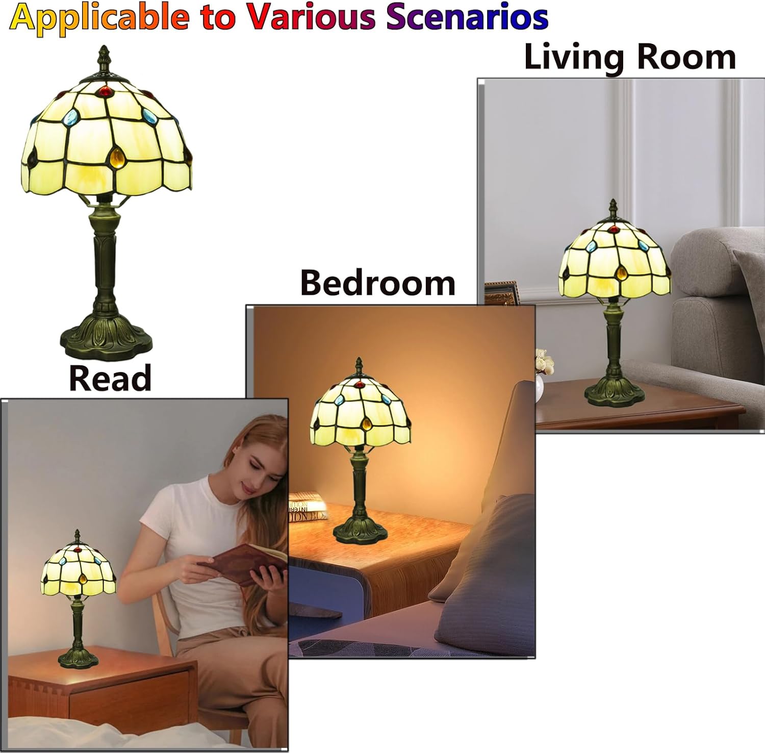 Crefotu Tiffany Style Table Lamp, 3 Color Temperatures Bedside Lamp, 8 Inch Stained Glass Desk Light for Home Office Bedroom Living Room (Phoenix Tail Pattern)