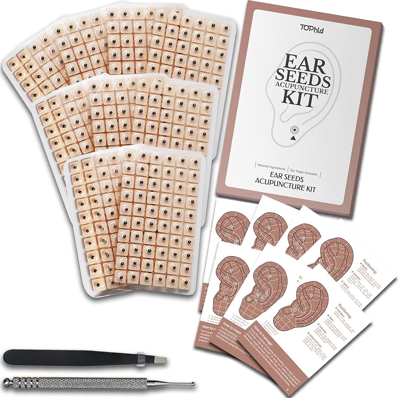 Kit de 1200 piezas de semillas para oídos – Semillas naturales de Vaccaria para acupresión auricular – Juego completo de reflexología con lápiz de acupuntura, pinzas y tabla para oídos – Cuentas autoadhesivas no invasivas para el bienestar