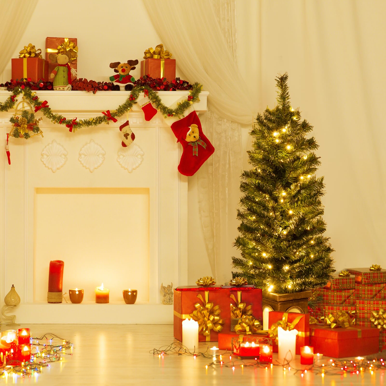 COSTWAY 120 cm künstlicher Weihnachtsbaum mit Beleuchtung, Tannenbaum im Topf, 3 Lichtmodi, mit warmweißen LED-Lichtern & Timer & 160 PVC Zweigspitzen, Christbaum Topfbaum für Eingang Haus Büro, Grün