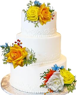 CherishedMoments 3Pcs Cake Topper Set, Wedding Artificial Flowers Decor Yellow Blue Cake Topper Decorations for Wedding Ceremony Anniversary, Party,Prom,Summer Wedding