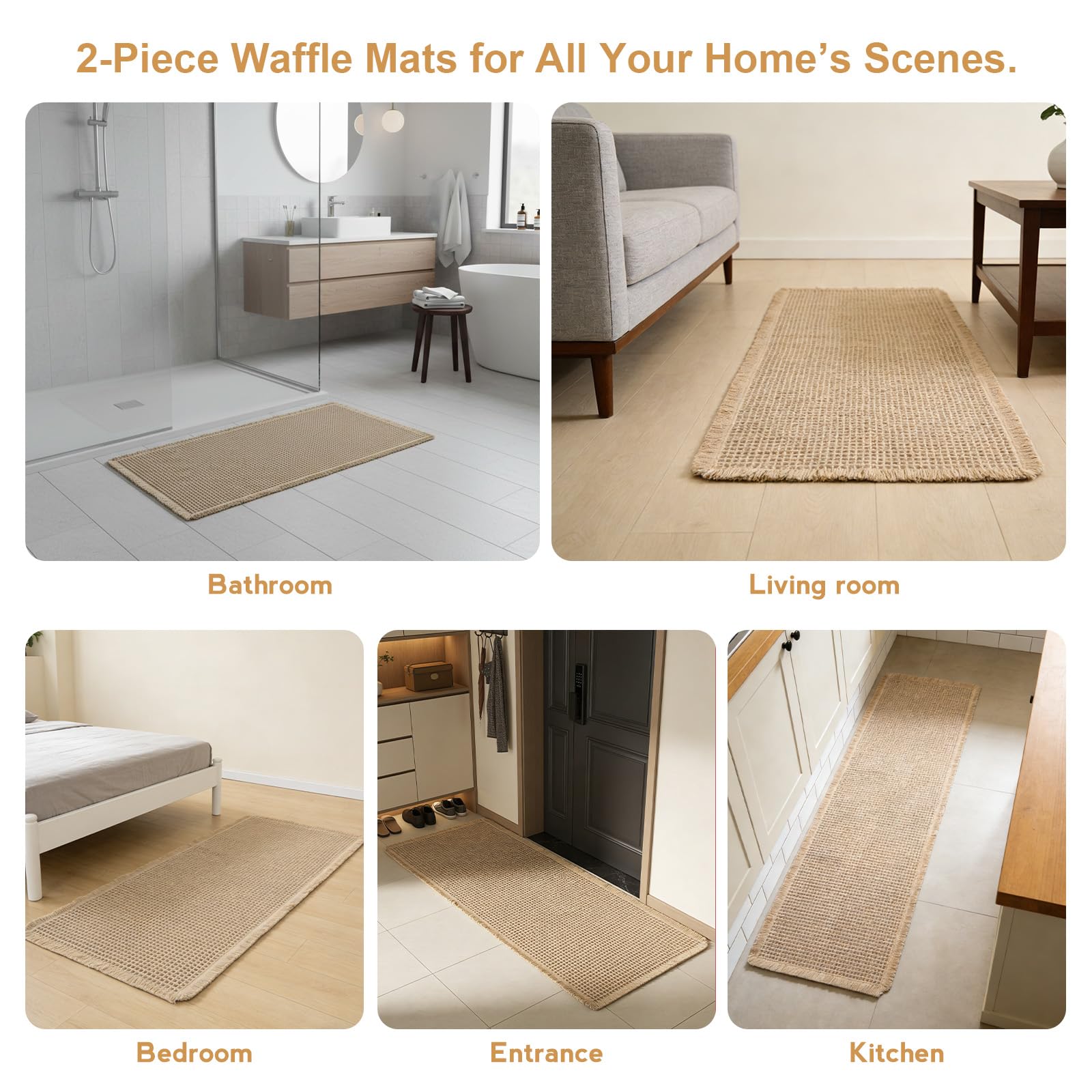 VINATO 2 Pezzi Tappeto Bagno Set, 121x50cm + 61x43cm, Antiscivolo Tappeti Bagno in Microfibra a Texture a Waffle | Lavabile in Lavatrice per Bagno, Doccia, WC | Morbido e Assorbente, Kaki