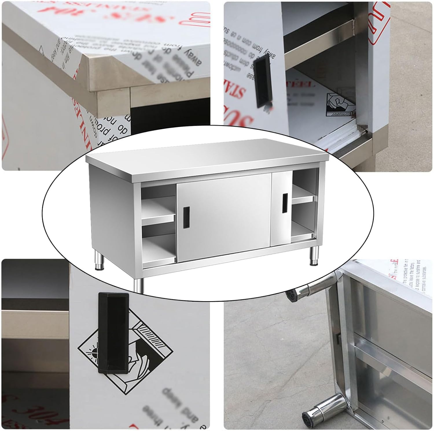 Double Pass Workbench Kitchen Sliding Door Storage Cabinet Preparation Table Home Commercial Multifunctional Metal Table Sturdy Stainless Steel Workbench(80x50x80cm)