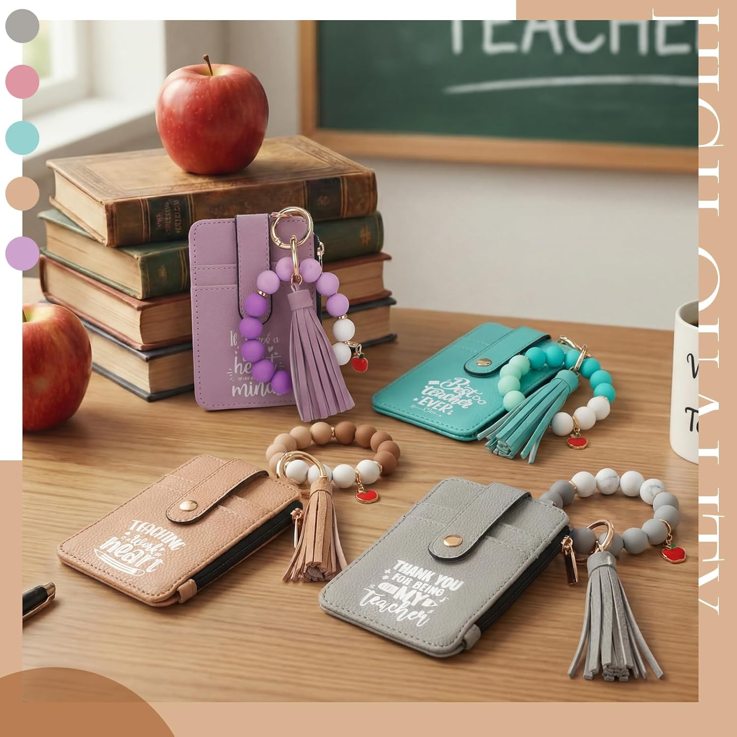 Sadnyy 5 Pcs Teacher Appreciation Gifts Bracelet Wristlet Wallets for Women Small Credit Card Holder Thank You Gifts for Teachers Tassel Keychain Purse with Thank You Quotes