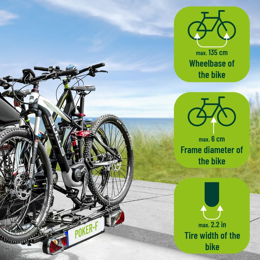 EUFAB 12010LAS Fahrradträger POKER-F, E-Bike geeignet, komplett vormontiert, Diebstahlschutz, für 2 Fahrräder, für Anhängerkupplung, Schwarz, 142 x 70 x 58 cm Baumarkt