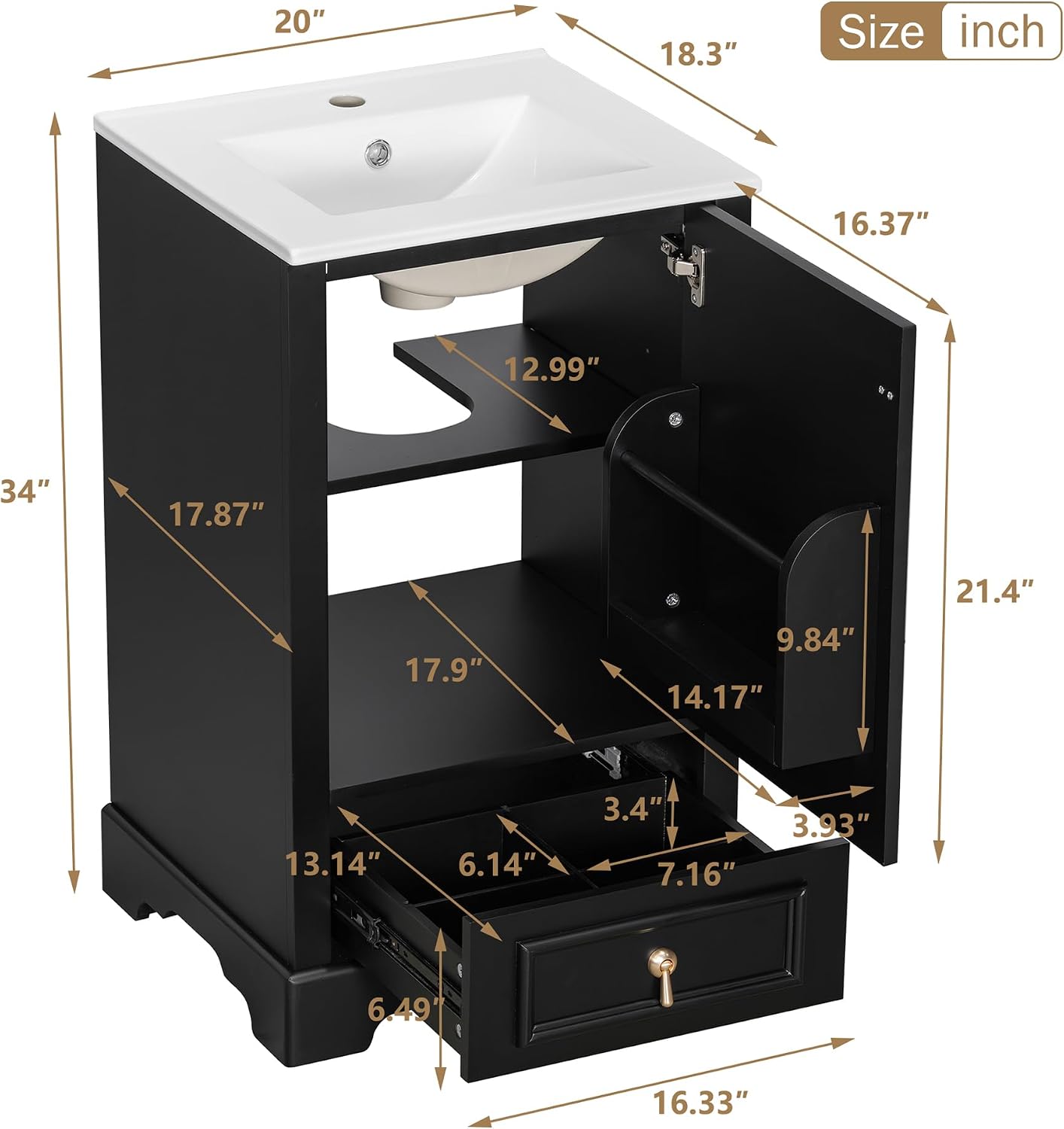 20 Inch Bathroom Vanity with Sink, Small Freestanding Bathroom Vanities with Soft-Close Door & Divider Drawer, Compact Single Sink Bathroom Vanity with Door Organizer for Small Bathrooms, Black
