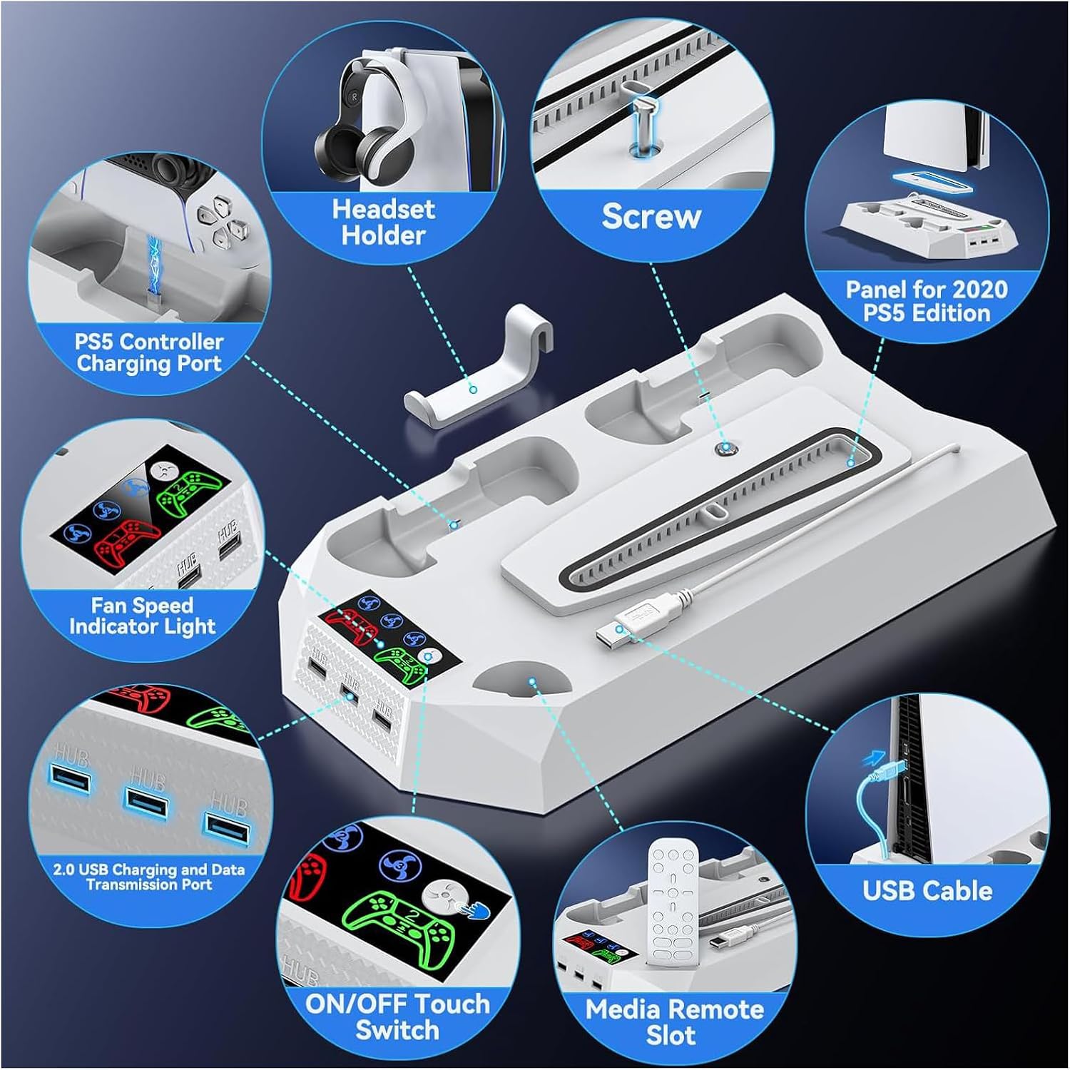 Cooling Stand for PS5/PS5 Slim, Charging Station for PlayStation 5 Console, Dual Controller Charger, Turbofan with 3-Level Adjustable Cooling, 3 USB Hubs & Headset Holder (White)