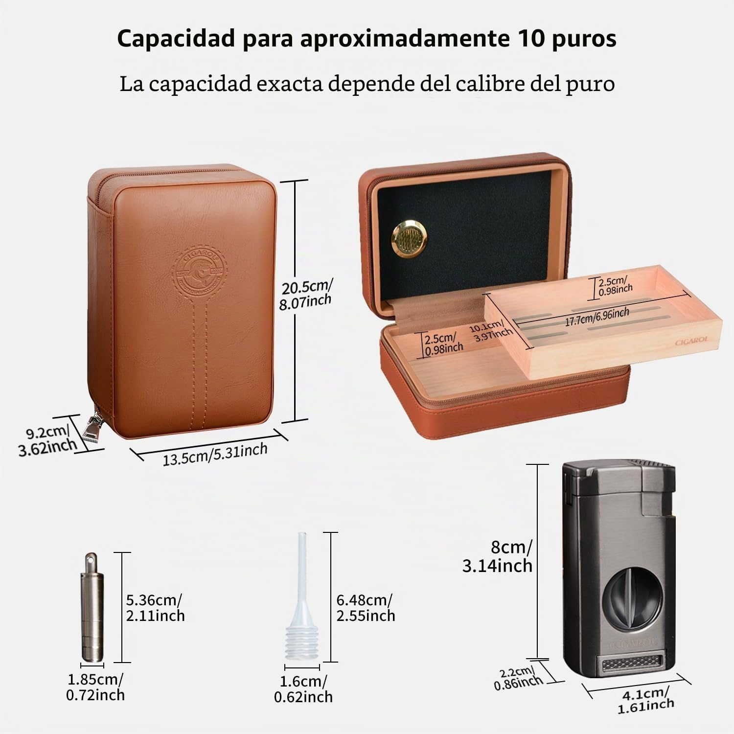 Humidor Puros, Caja Puros de Cuero con Mechero, Humidor Portátil de Viaje con Humidificador para Unos 10 Puros, Mejores Regalos para Hombres (Puros no Incluidos)