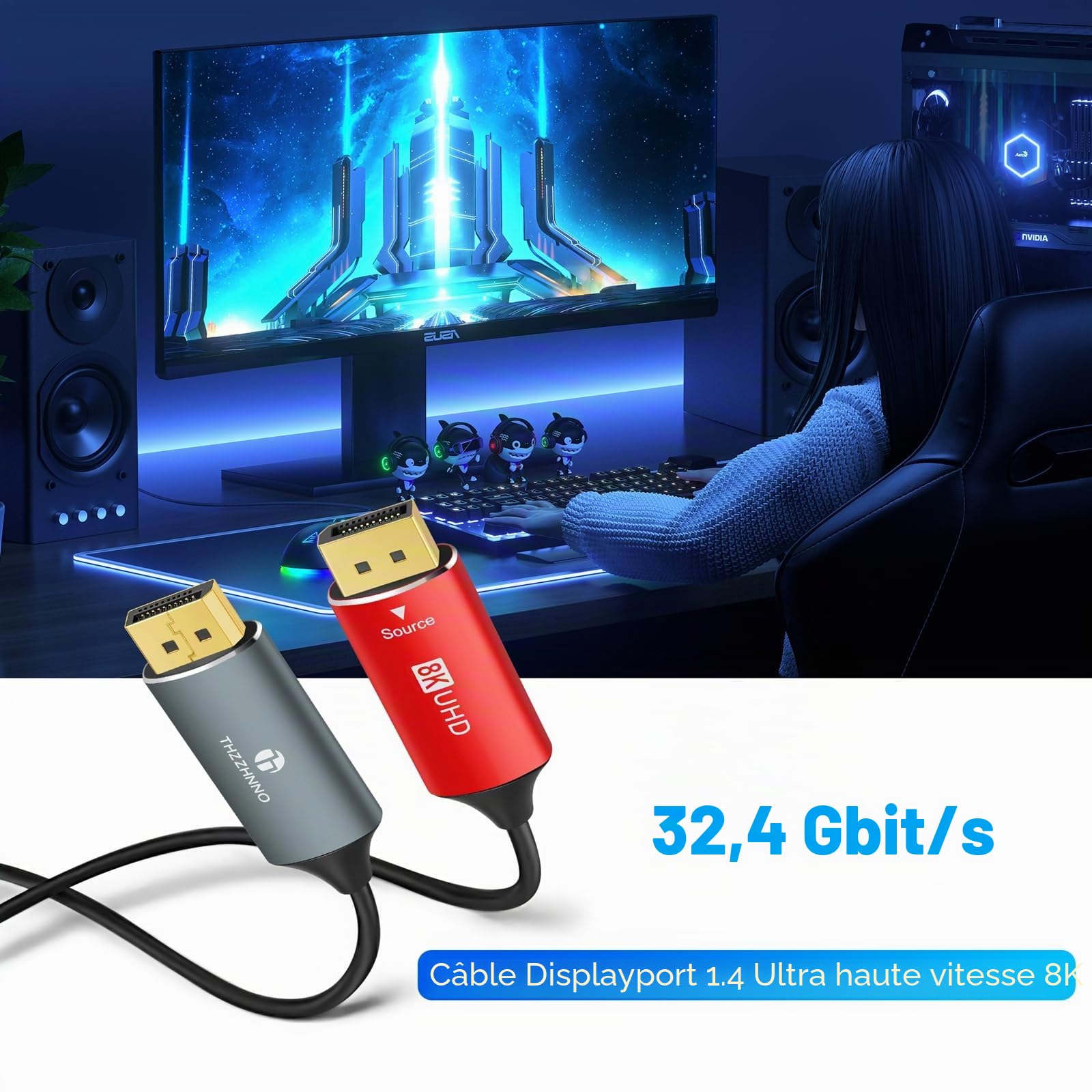 Câble Fibre Optique DisplayPort 4K 8K 30M, DP vers DP 1.4 8K@30Hz 4K@120Hz/144Hz, 2K@165Hz, 32.4Gbit/s Compatible HDR, G-Sync FreeSync pour Ordinateur Portable, PC, Moniteur