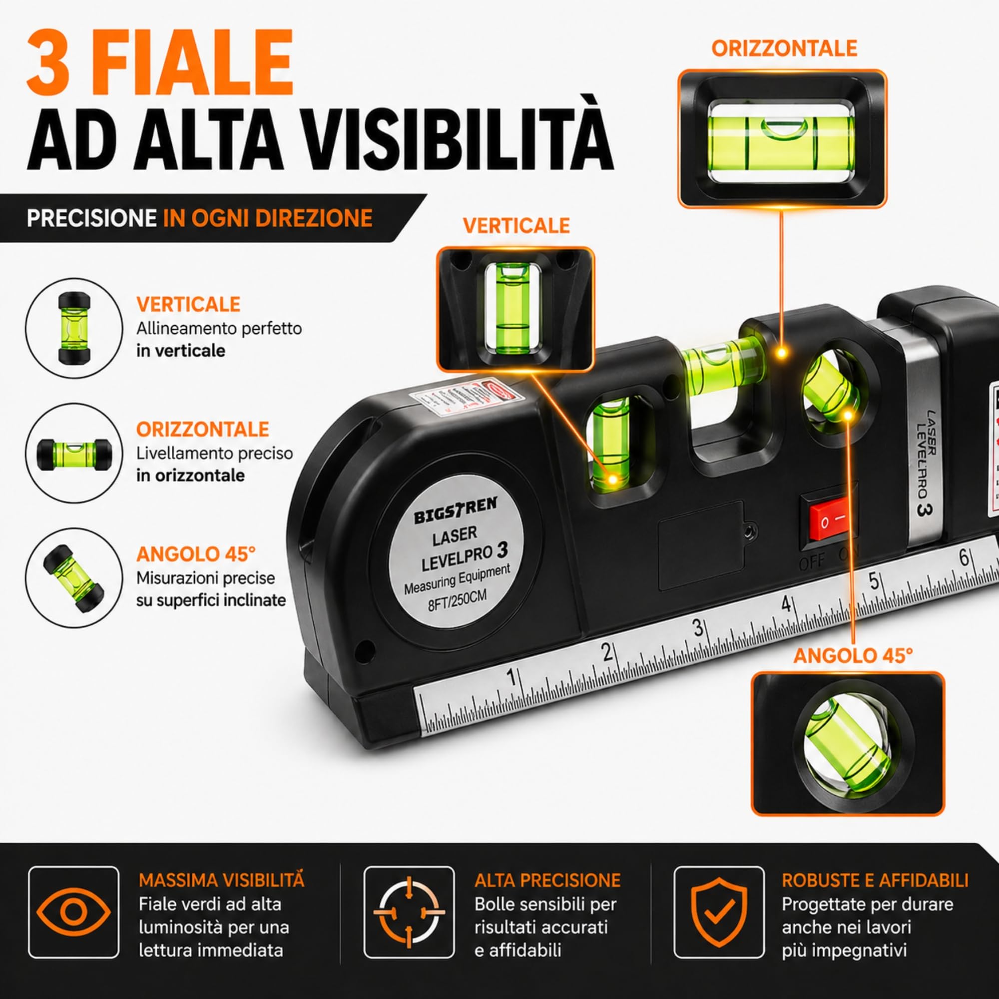 Livella Laser 4in1 con Metro 2,5m – Precisione Assoluta! Laser Rosso Orizzontale/Verticale + 3 Fiale - Perfetta per Montaggio Quadri, Piastrelle e Fai da Te, Strumento Professionale Preciso