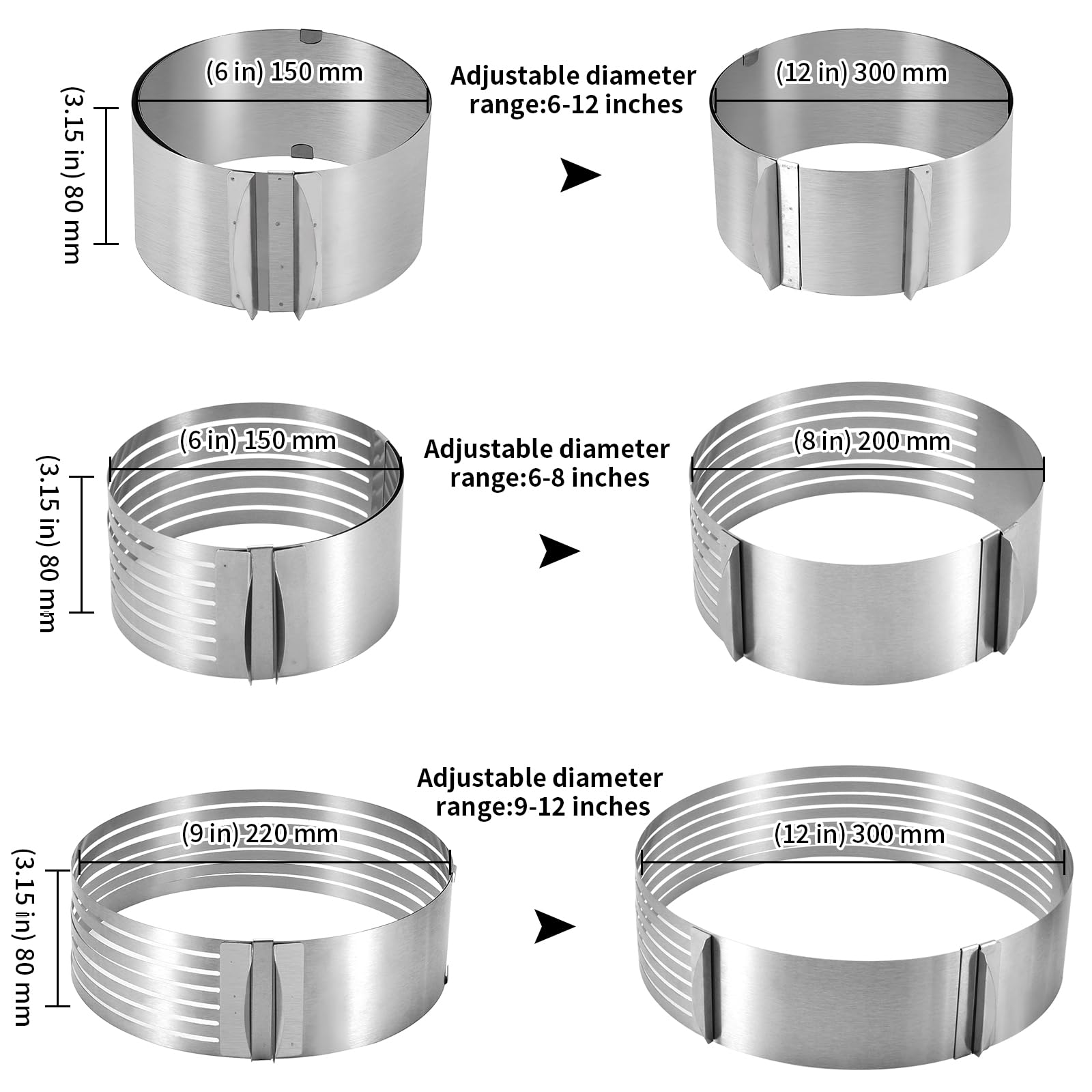 KEILEOHO Lot de 2 trancheuses à gâteau en acier inoxydable réglable 7 couches avec diamètre respectif de 15,2 à 20,3 cm et 22,9 à 30,5 cm de haut et 1 emporte-pièce réglable