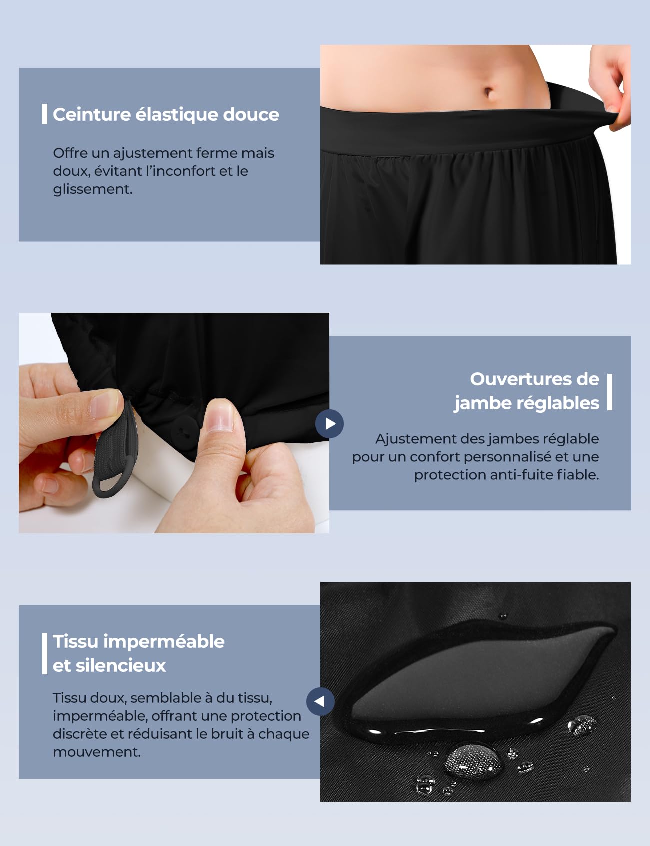 Carer Lot de 3 Culottes de Protection Incontinence Imperméables Adulte Style Boxer Couvre-Couche Silencieuses Anti-Fuite Lavables Ouvertures de Jambes Réglables Culotte Plastique Unisexe Noir L