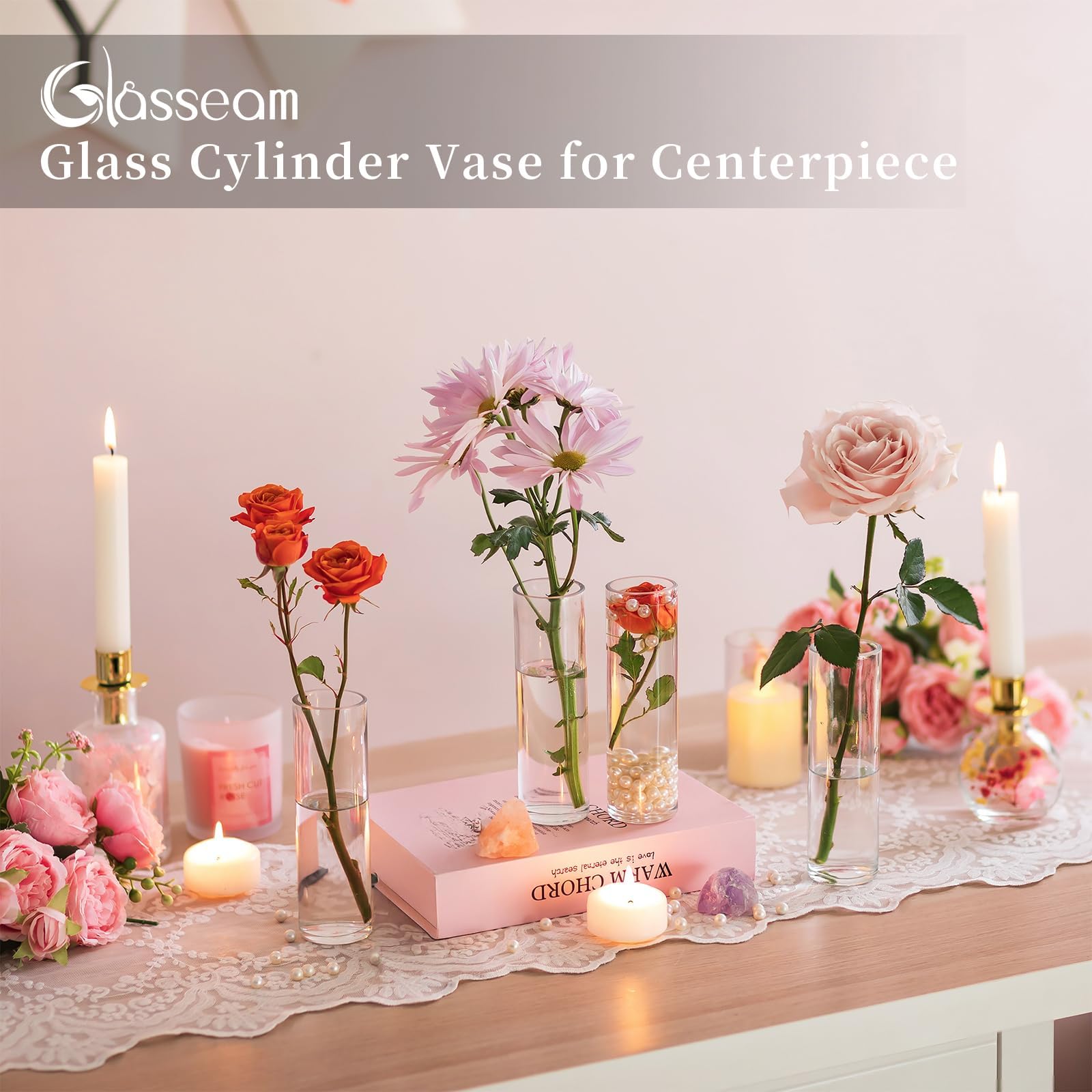 Glasseam Jarrón Cilíndrico de Cristal para Mesa: 24 Piezas de Pequeños Jarrones para Centro de Mesa de Boda Fiesta Decoración de Mesa en Casa - Jarrón Moderno Transparente para Rosas y Tulipanes