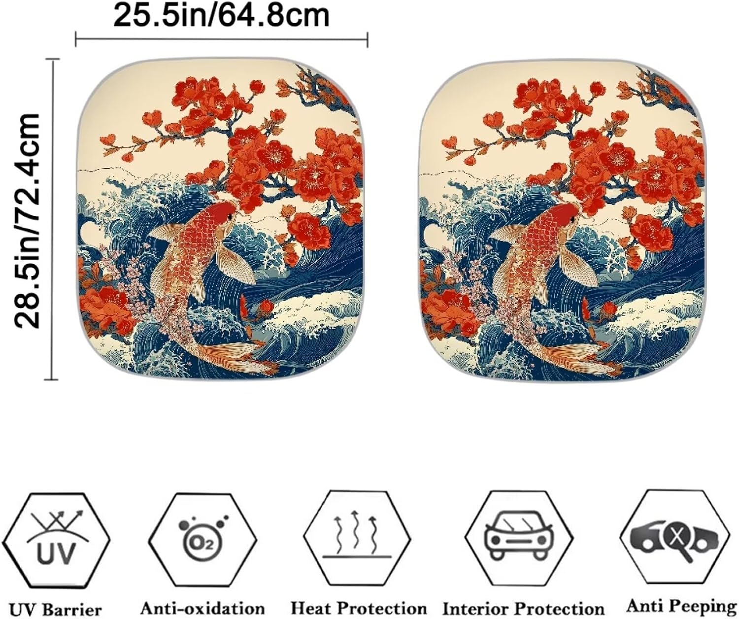 Car Windshield Sunshade Foldable Reflective Sun Visor Koi Fish Print Car Window Sunshades Set of 2 Plum Blossom Print Automotive Interior Sun Protection image 2