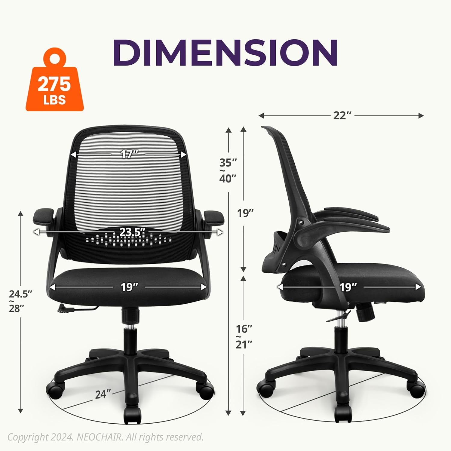 NEO CHAIR Office Desk Computer Gaming Ergonomic Chair with Lumbar Back Support Adjustable Height Swivel Wheels Flip-up Arms Mesh Chair for Home or Office (Black) - Image 2