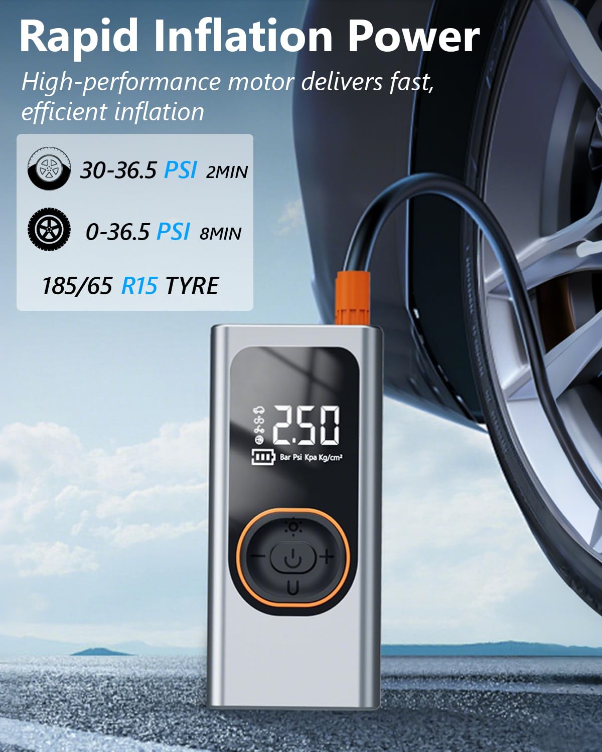 Compresor de Aire Portátil 6000mAh – Inflador Eléctrico 150 PSI Mini Bomba de Aire con Pantalla LCD Digital, Linterna LED, Power Bank y 4 Boquillas para Coches, Motos, Bicicletas Pelotas