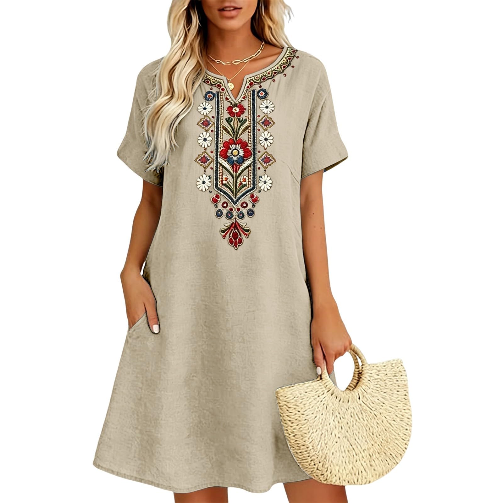 Damen Kleider Sommer Midi Luftige Sommerkleider Leichte Knielang Strand Kleid Lässige Midikleid Boho Locker Strandkleid Ärmelloses Rundhals Hauskleid Elegant Lange Kleider Böhmisch Kleid
