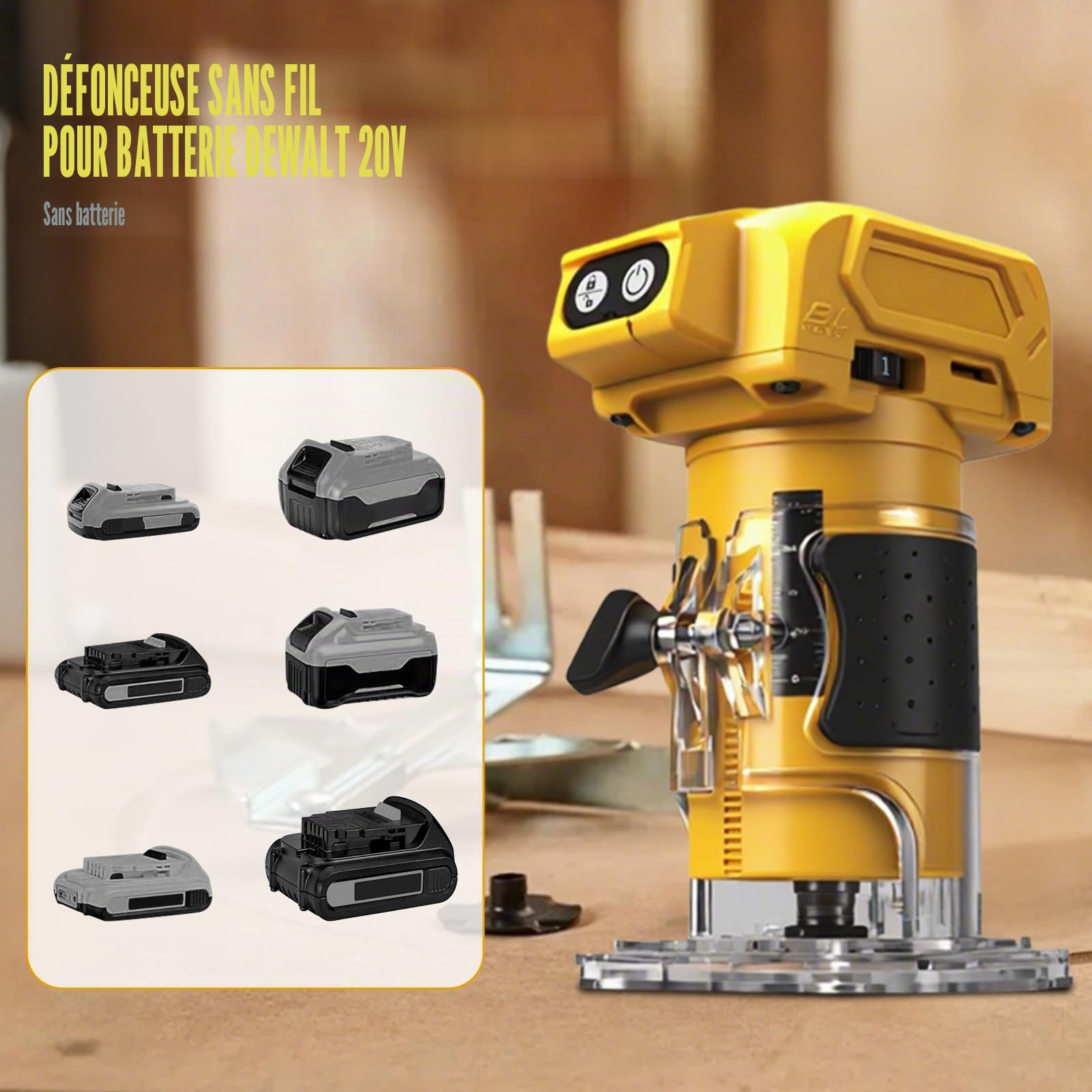 WingFly Affleureuse Défonceuse, Affleureuse Sans Fil pour Dewalt 18 V Batteries, Brushless Affleureuse Paume Compacte Pour Travail du Bois, avec 15 Fraises à Défoncer