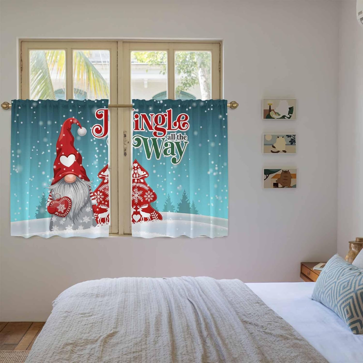 Teal Christmas Gnomes Kitchen Curtains 45 Inch Long 2 Panel Set, Rod Pocket Window Treatment, Xmas Tree Snowflake Love Winter Light Filtering Panels Short Drapes for Bathroom Camper 42"W x 45"L