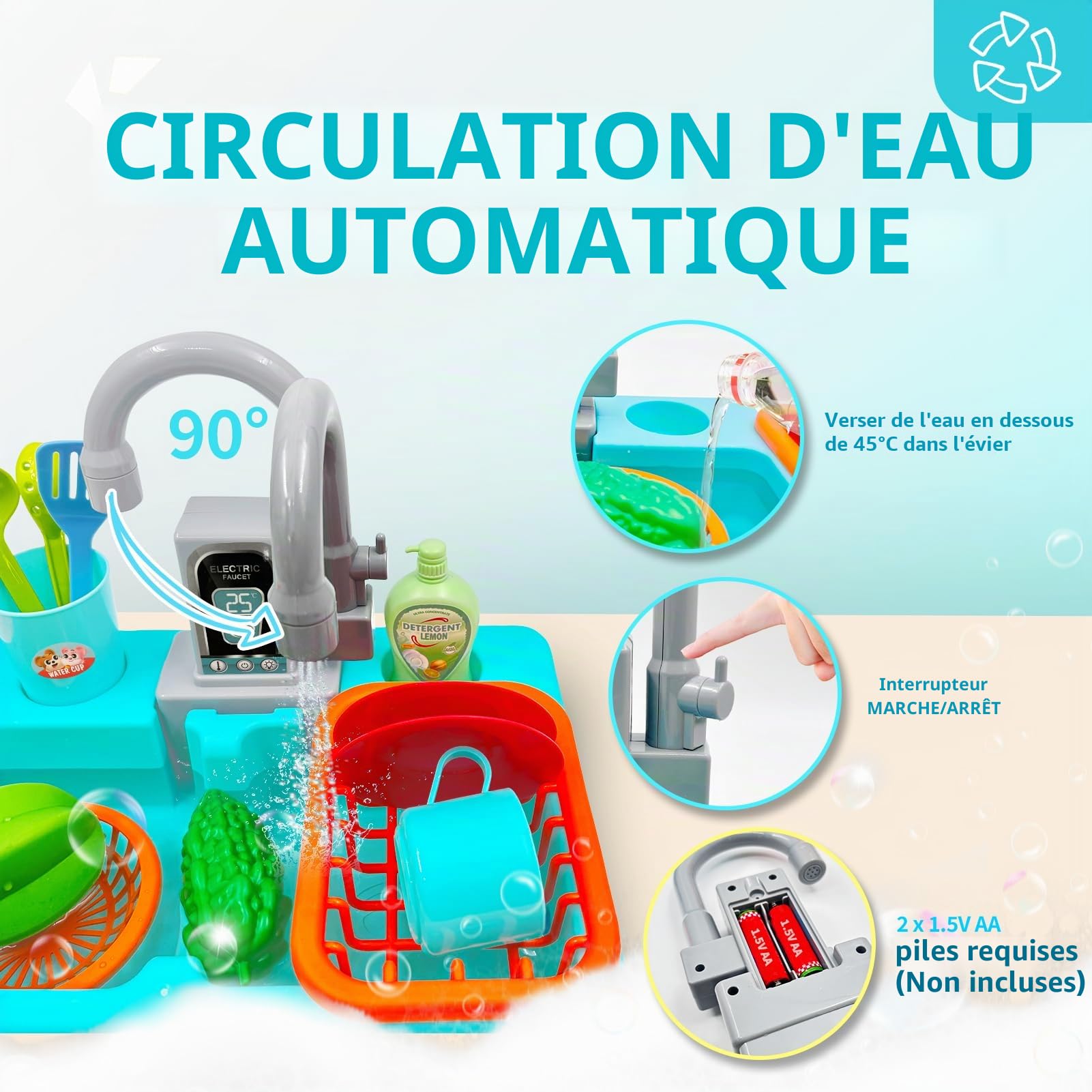 Acelane Jeu d'Évier de Cuisine pour Enfants avec Robinet à Recyclage d'Eau, Jouets de Cuisine Accessoires avec Robinet Enfant Pompe, Évier Jouet Enfants 3+ Ans avec légumes jouets - Jeu de Rôle (Bleu)