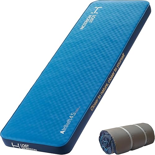 LOSTHORIZON Colchoneta de dormir autoinflable de 4.5 pulgadas de grosor con espuma sólida, colchón de campamento con saco inflable, cama enrollable
