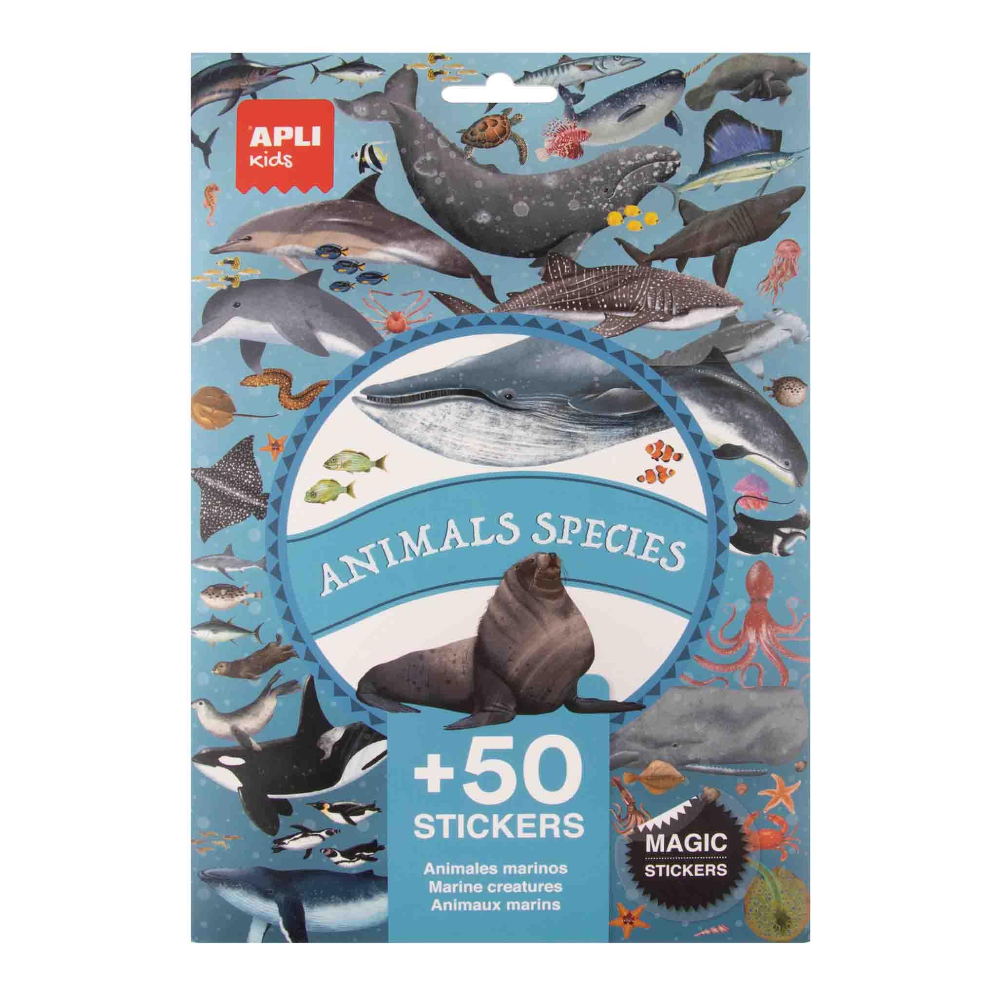 APLI Kids 19428 - Bolsa de pegatinas removibles realistas de animales marinos - 50 stickers de PVC