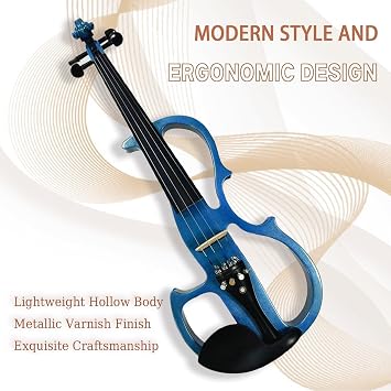 Electric Violin, 4/4 Full Size Silent Violin Fiddle with Ebony Fittings, Metallic Varnish Violin Kit for Beginners Students (Metallic Blue)