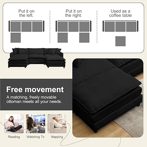 Miniatura 28 de Sofá modular modular de pana de 108.27 pulgadas para sala de estar con 3 asientos, 1 otomana y 3 almohadas, cómodos sofás de nube con otomana móvil,