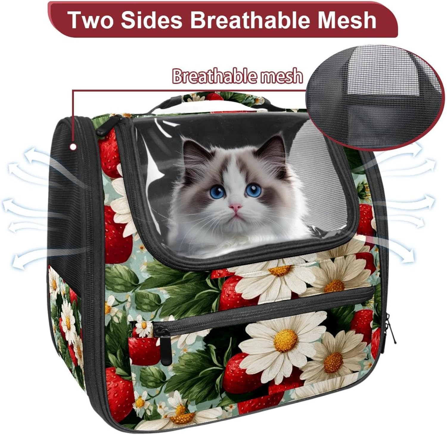 Portable Travel pet Backpack Carrier Hamster Bag Small Dog cat Carrier Breathable Hang Bag, Daisy Flower Strawberry Pattern (3)