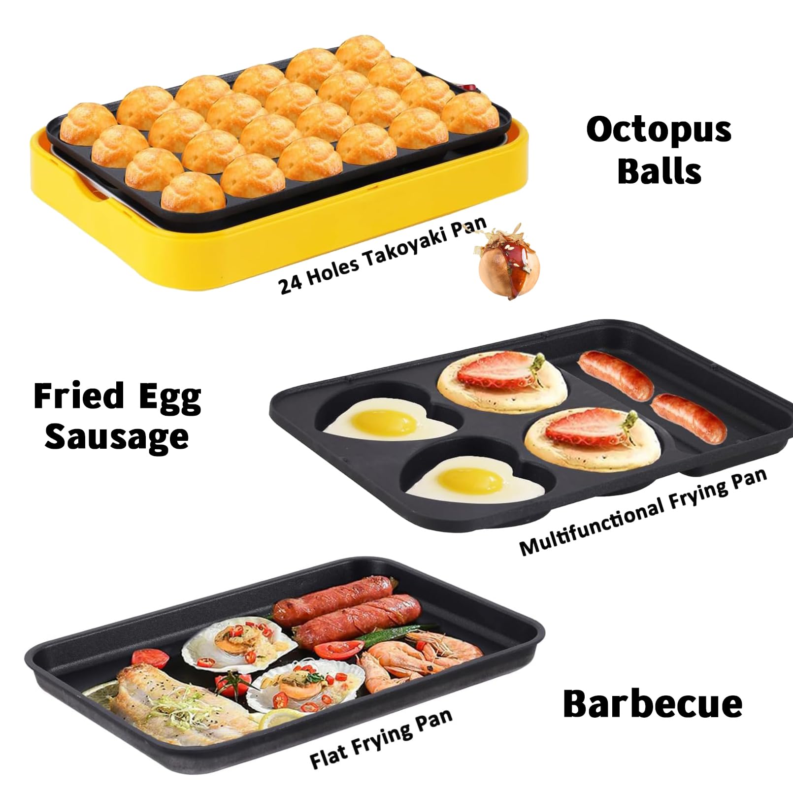 24 Löcher Takoyaki Pfannkuchenhersteller mit 3 Austauschbaren Pfannen, Elektrobratengrill-pan Automatische Temperaturregelung, Nicht-stick, für Grill, Wurst, Eier, Sandwich
