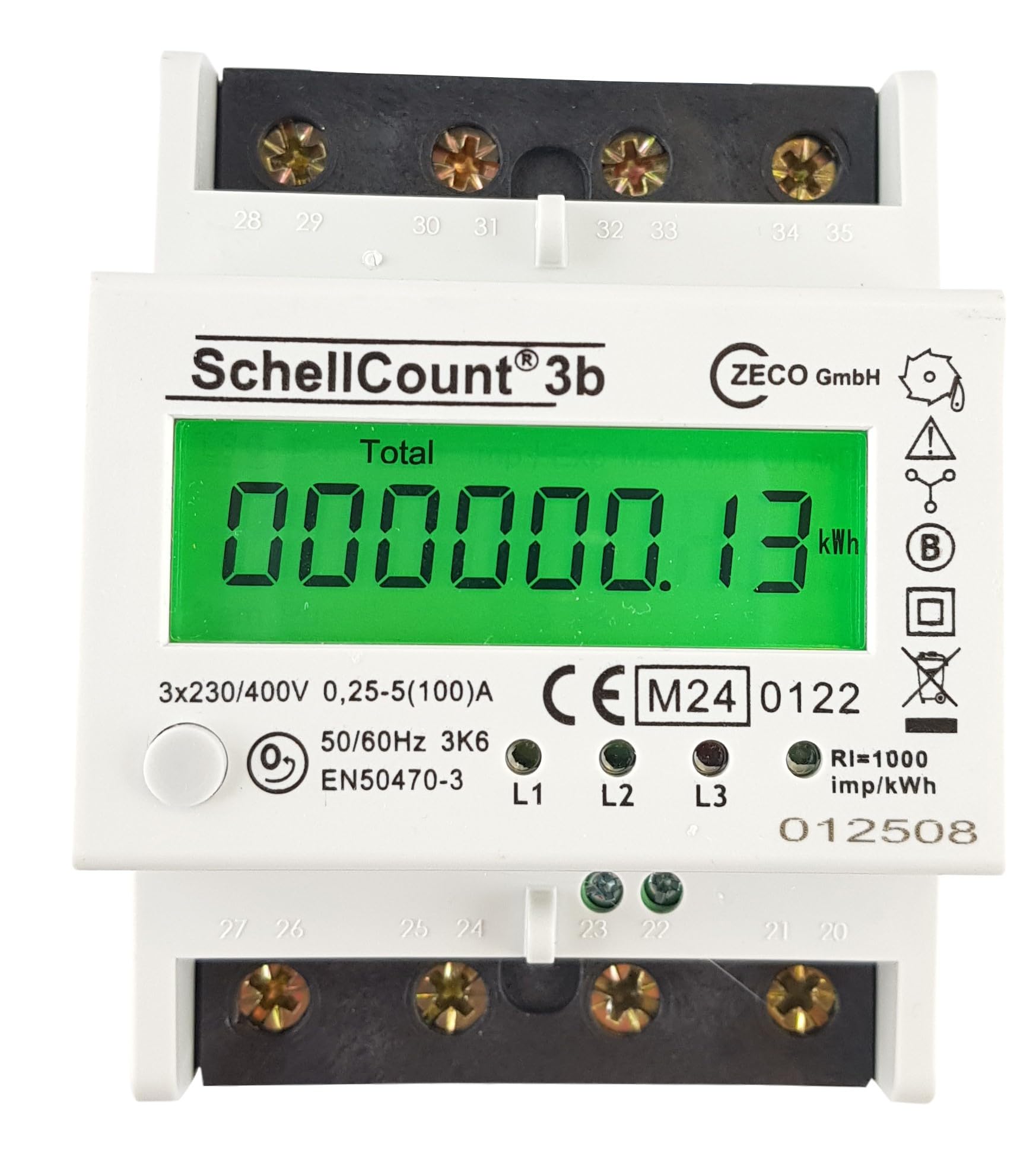 Stromzähler für Hutschiene mit Tageszählwerk (rückstellbar) und Lastanzeige, Drehstromzähler 100A, 3,9TE, S0, digital LCD beleuchtet, (Grün)