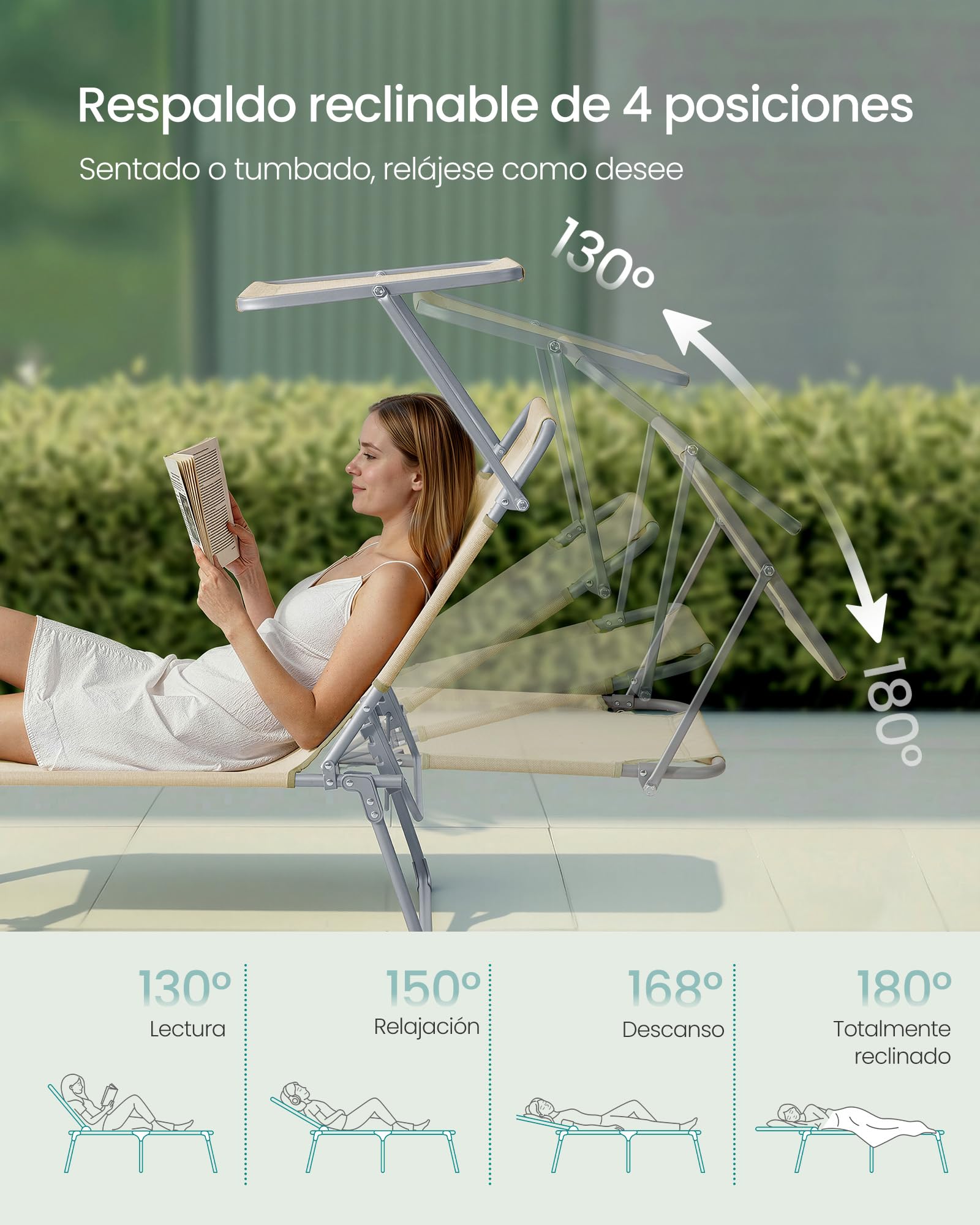 SONGMICS Tumbonas Plegables, 189 x 53 x 28,5 cm, Juego de 2 Tumbonas para Jardín, Cada Una con Carga 110 kg, con Parasol y Respaldo Ajustables, para Terraza y Balcón, Beige GCB294WZ02