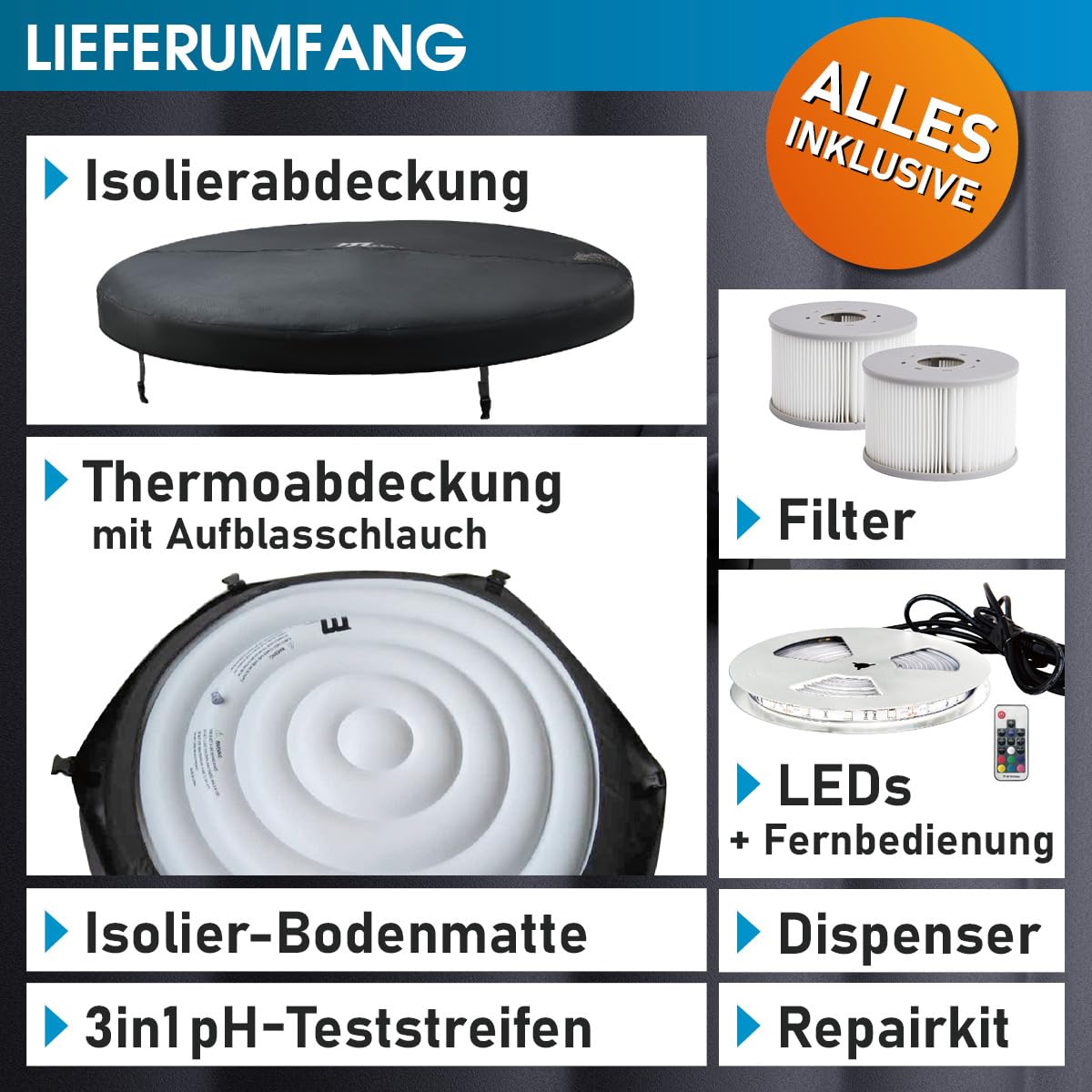 BRAST Whirlpool MSpa Denver mit Fester Außenwand | Ø182x70cm | LED-Beleuchtung mit 20 einstellbaren Farben für 6 Personen | 130 Massagedüsen | Ganzjähriger Einsatz Winterfest | In & Outdoor Pool