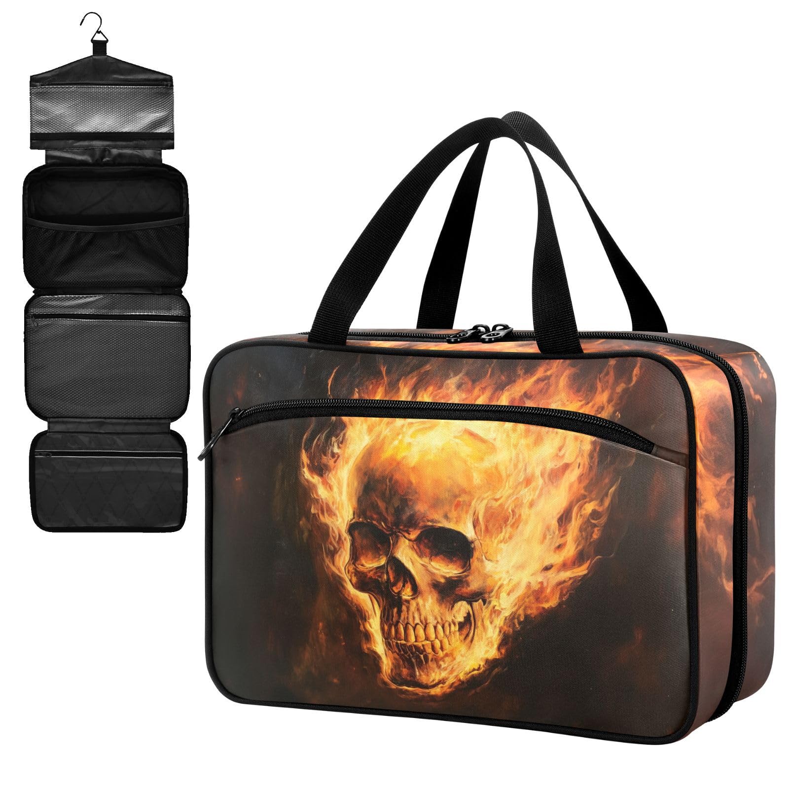 Fustylead Vintage Skull on Fire Large Medicine Bag Travel Pill Bottle Organizer with Zipper, Empty First Aid Bag for Camping Hiking Outdoors