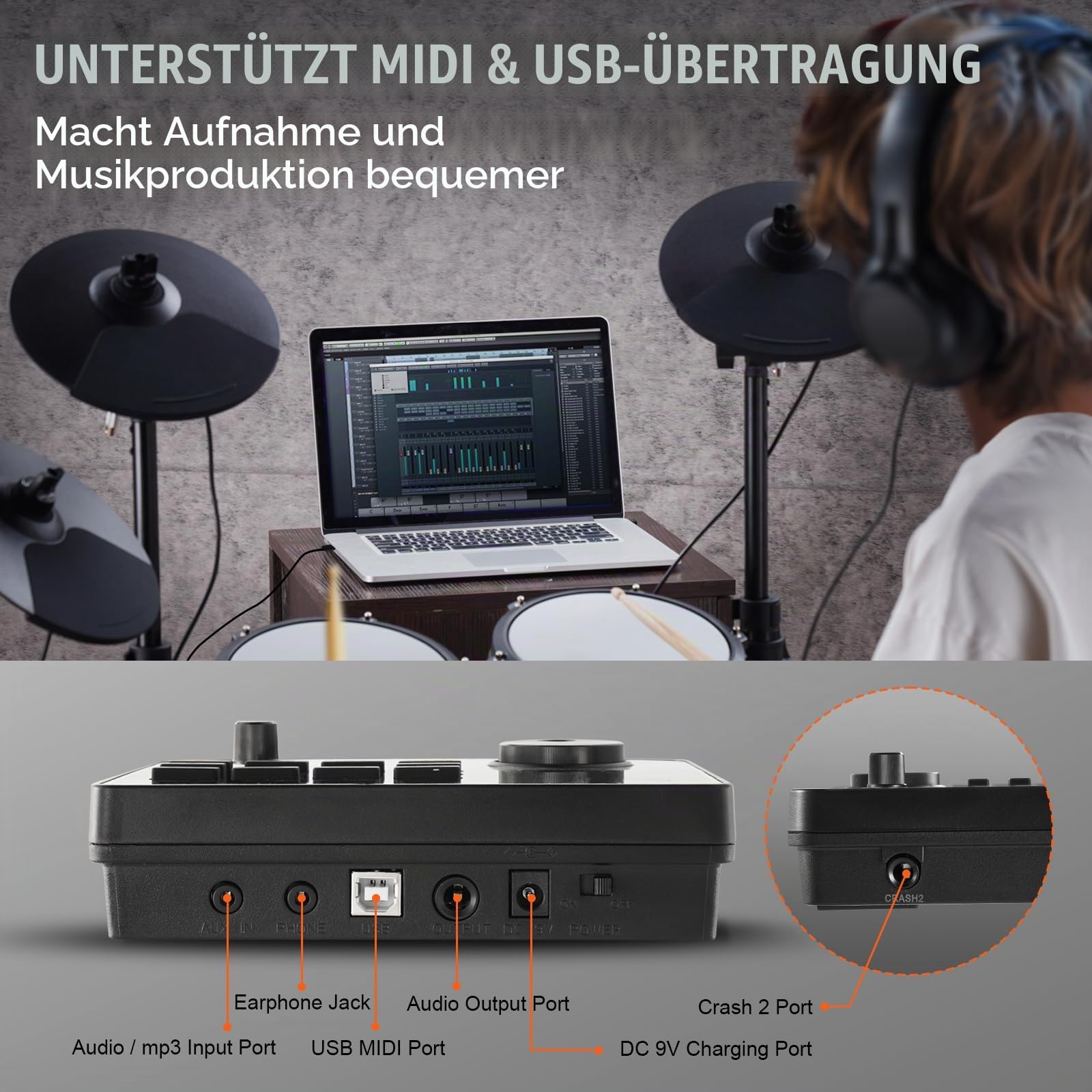 VEVOR E-Drum-Set, 32 Drum-Kits & 480 Sounds Elektronisches Schlagzeug, USB MIDI-unterstütztes 20,32 cm Leises Mesh-Snare-E-Drum-Set mit 25,4 cm Becken, Drum-Sticks & Kopfhörer, E-Drums
