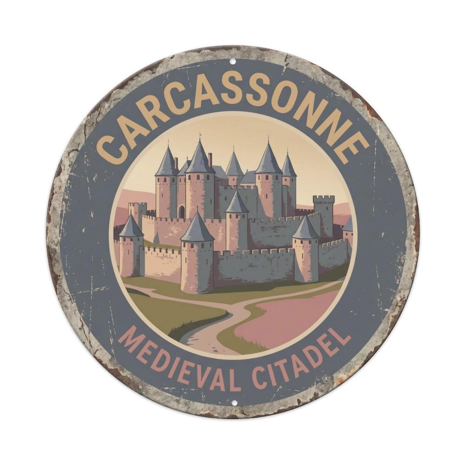 Vintage Travel Fortress France Carcassonne Metal Tin Sign Plaque Wall Decor for Cafe, Club Bar, Office, Home Garden Round Metal Poster 8x8Inch
